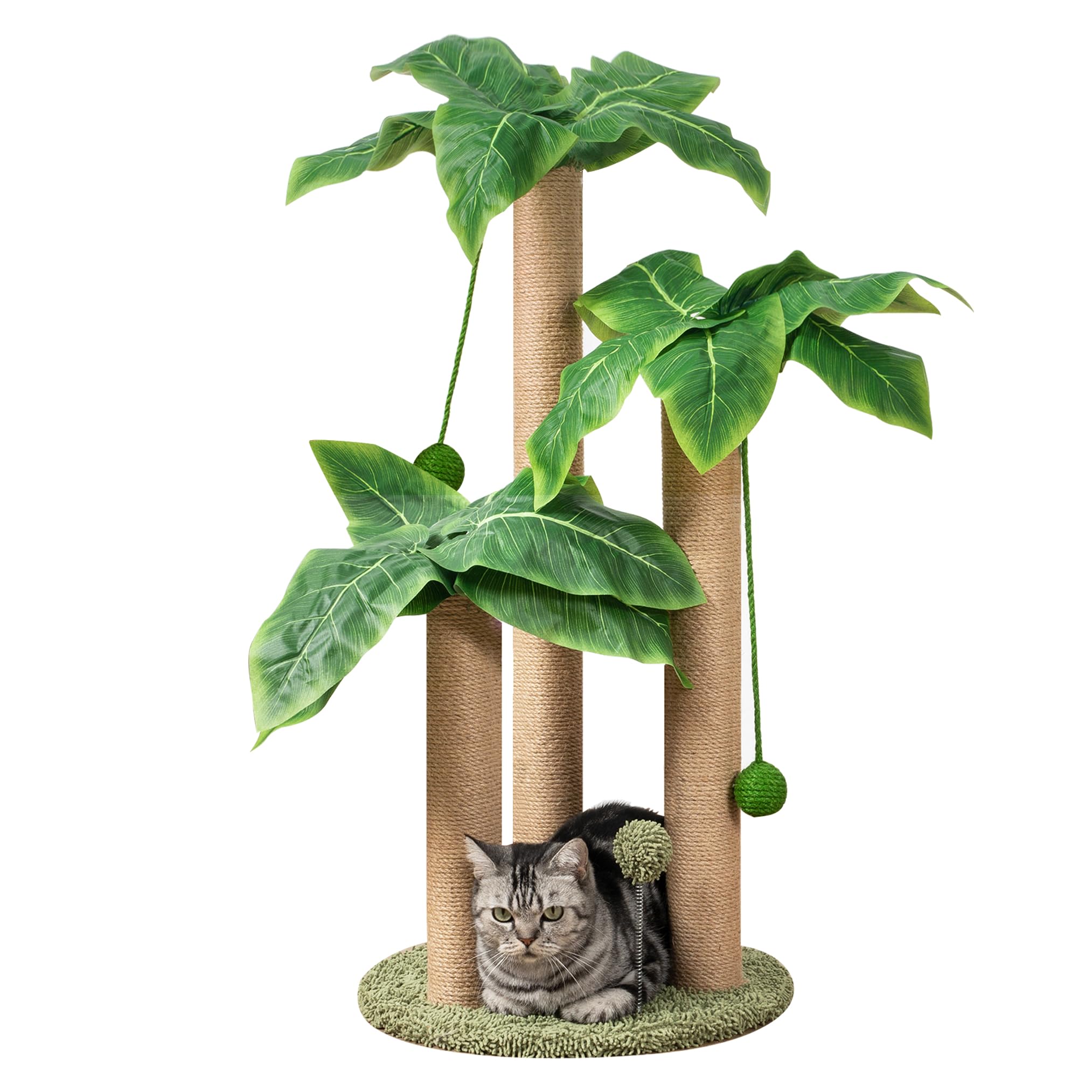 Cat Scratching Post 31.5" Palm Tree Cute Cat Tree with 3 Scratching Poles Sisal Hanging Balls Cat Scratcher for Kitten and Adult Cats