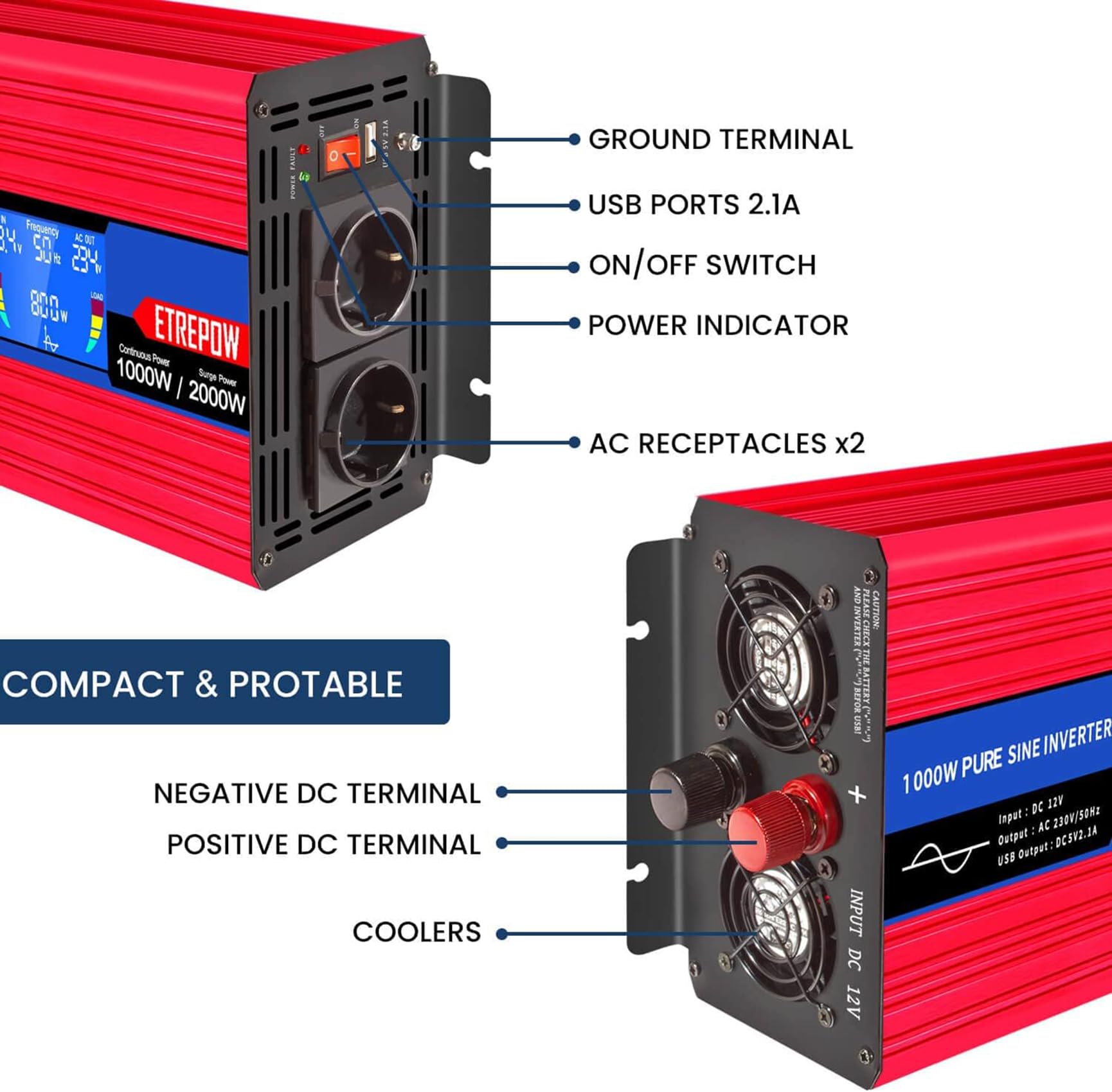 1000W Inverter 12V 220V Onda Sinusoidale Pura Trasformatore Con 2 Prese EU e USB, Telecomando Senza Fili,Display LCD,Picco 2000W