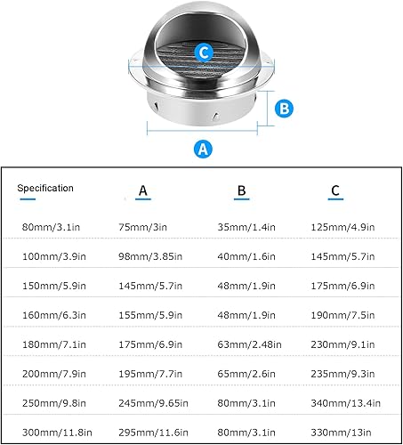 Miniatura 4 de Tapa redonda de ventilación de acero inoxidable resistente al viento, tapa de escape de campana extractora, rejilla con lumbreras, para ventilación