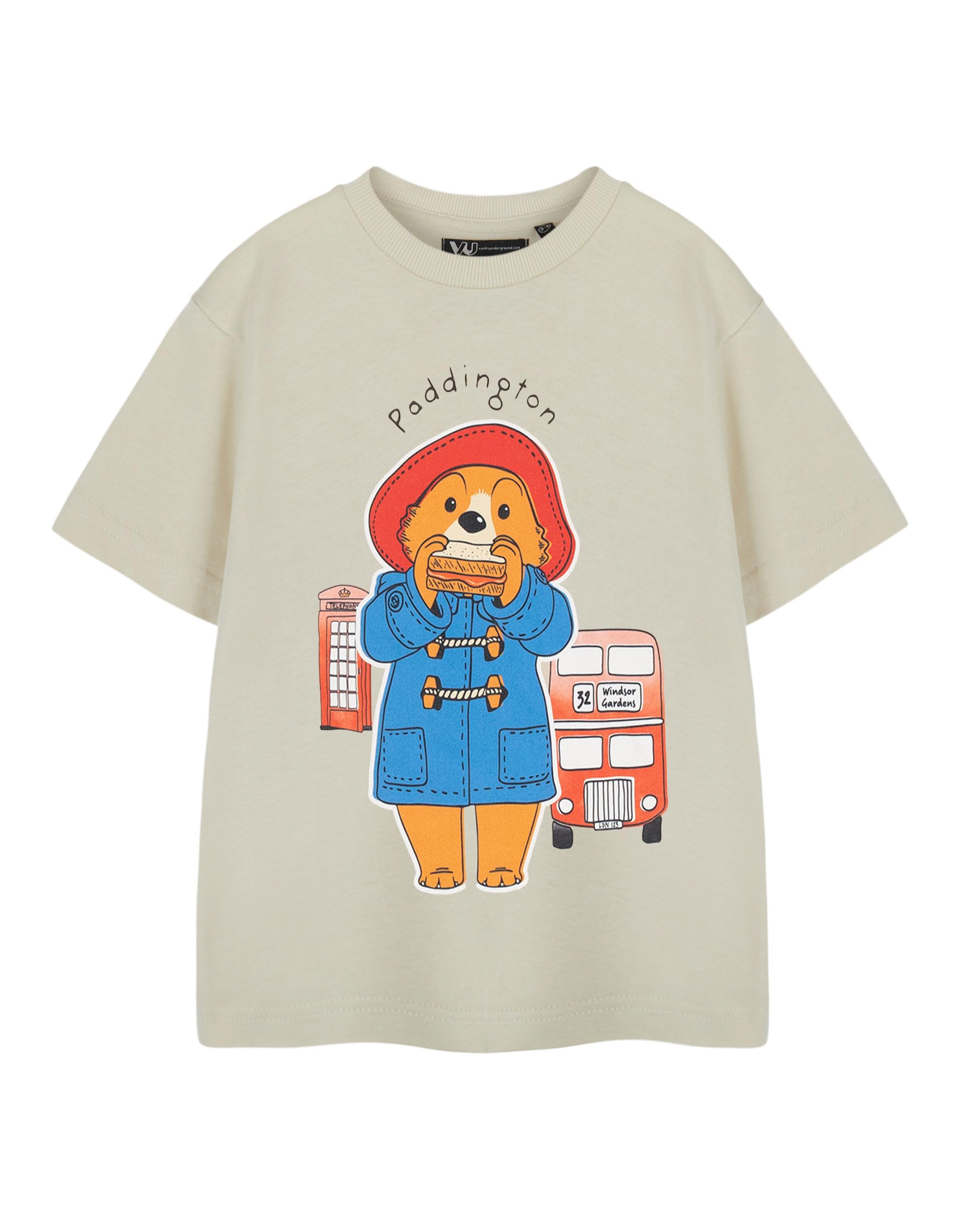 Paddington Boys Oatmeal Kids T-Shirt | Beige Short Sleeve Tee Bear And Red Bus | Soft Cotton Shirt For And Girls Perfect For Casual Wear Fans Merchandise Movie