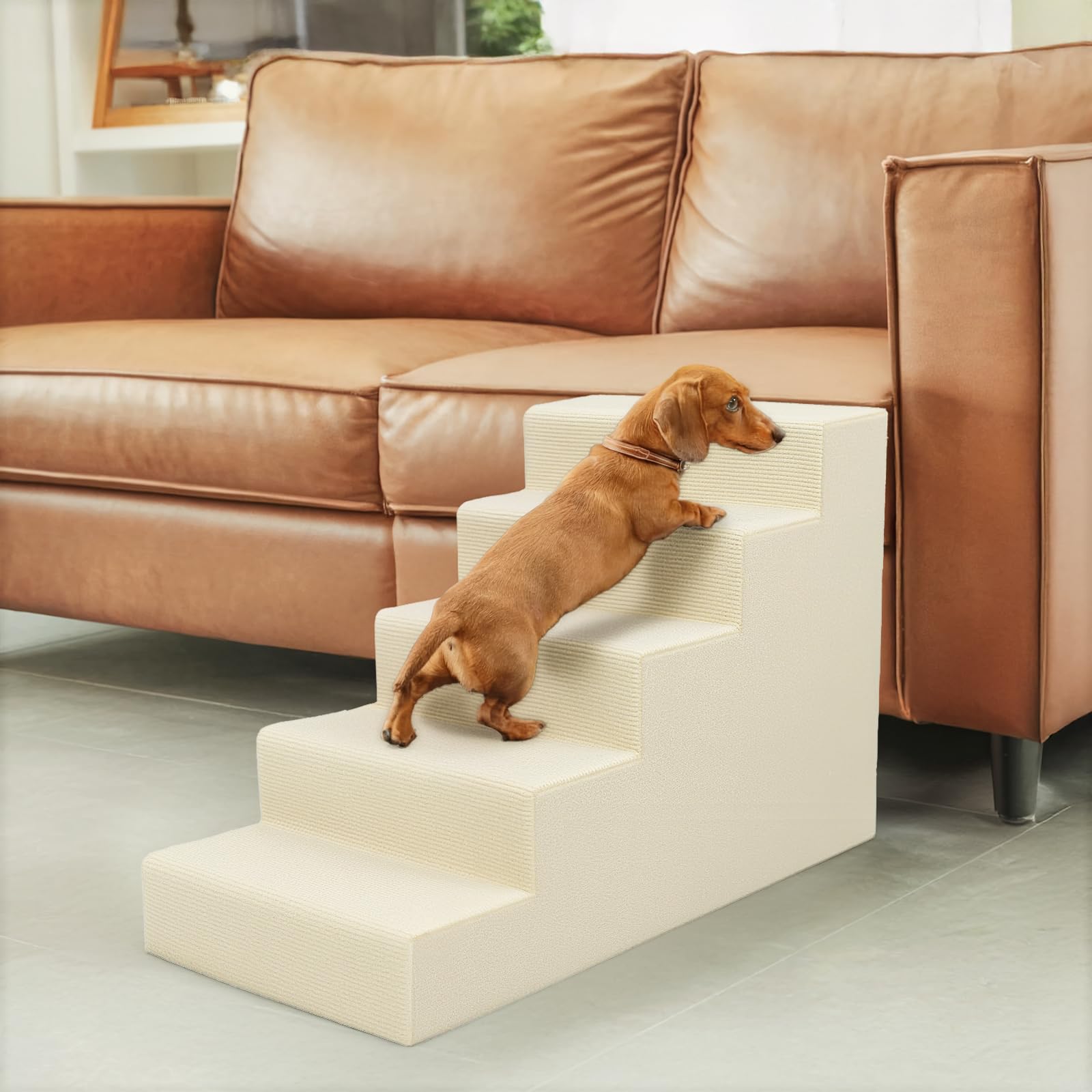 Niubya Escalera para Perros Medianos y Grandes de 5 Escalones, 86x42x57 cm, Espuma 30D, Funda Lavable y Antideslizante, para Cama y Sofá (Beige)