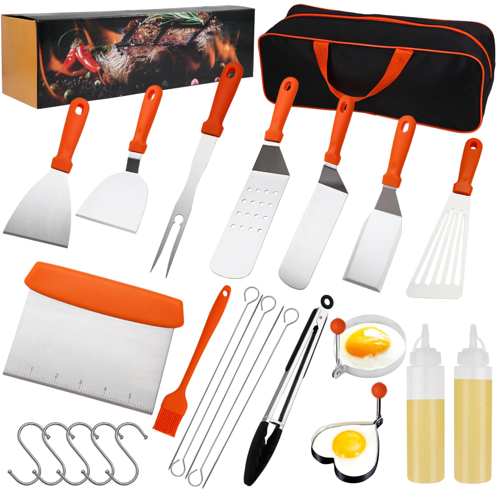 Blackstone Griddle Accessories Kit, 26PCS Flat Top Grill Accessories Set for Blackstone and Camp Chef, Spatula, Scraper, Tongs, Egg Rings, Grill Spatula Set for Outdoor BBQ and Camping