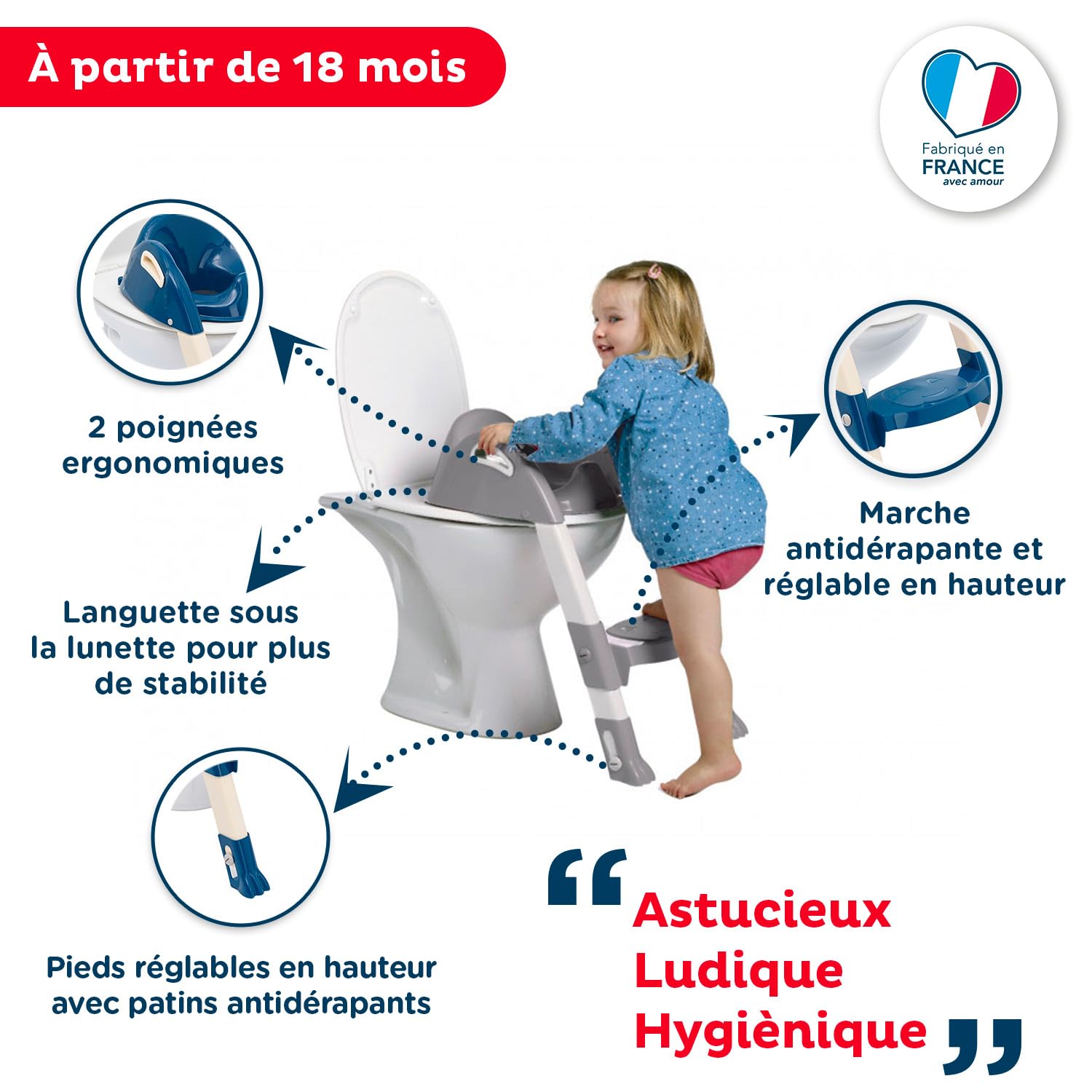 THERMOBABY - Riduttore WC per bambini - Kiddyloo - Intelligente, giocoso e igienico - Piedi regolabili - Gradino antiscivolo - Pieghevole e compatto - A partire dai 18 mesi - Made in France-Blu Oceano
