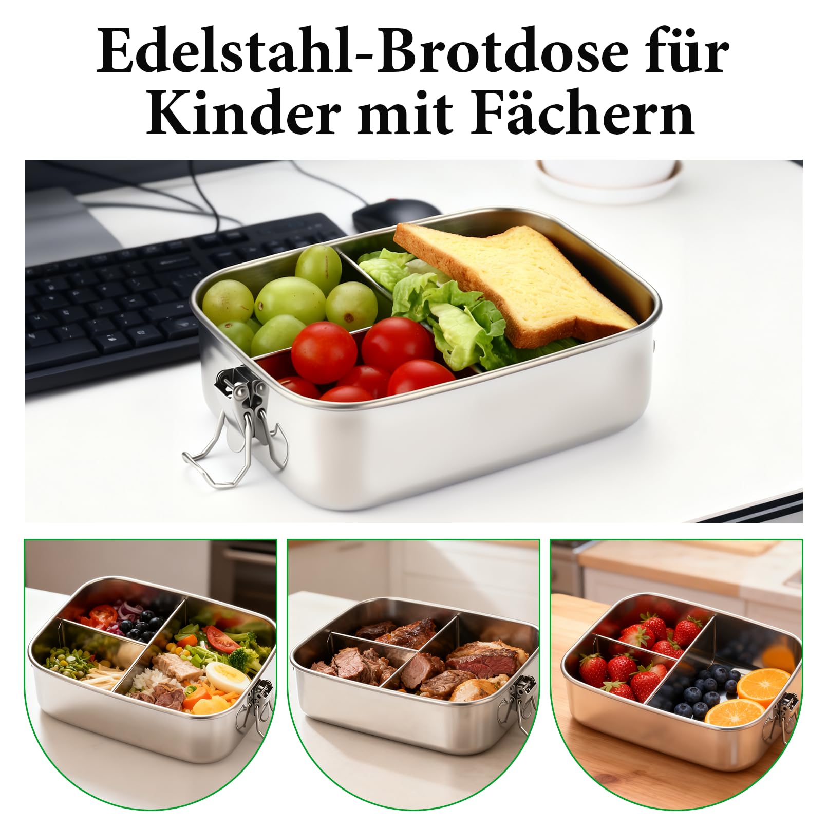 OXYEFEI Brotdose Kinder mit Fächern,Brotdose Edelstahl mit Gabel und Löffel Bunte Buchstabenaufkleber Individuell gestaltbare Namen Geschenk für Jungen und Mädchen (Dinosaurier, 1000ML)
