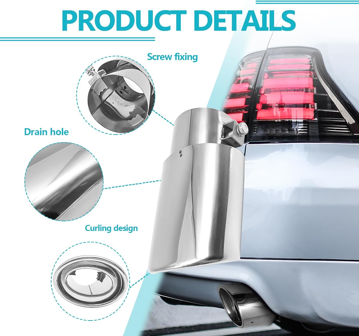 Car Exhaust Throat Tail Pipe Stainless Steel - Chrome-Plated Exhaust Tips, Universal Fit Pipe Diameter 2.5" to 3.3" Fit for Most Cars (Silver, Straight)