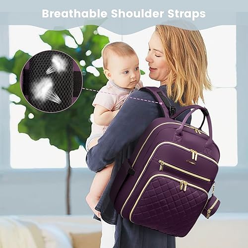 Miniatura 2 de LOVEVOOK Mochila para pañales bolsa de bebé acolchada para mamá y papá mochila de viaje de gran capacidad con cambiador Púrpura