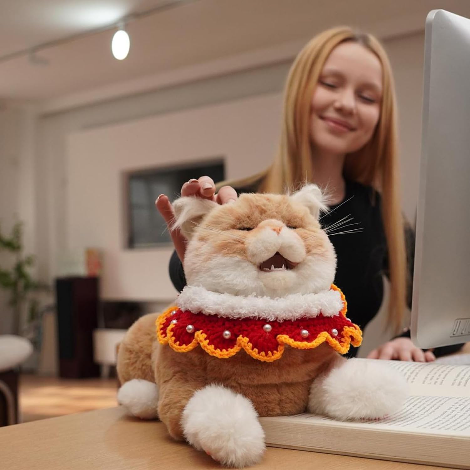 Chongker 24.8″ Interactive Robot Cat Plush Realistic Stuffed Animals, Companion Robotic Cat with Meow Purring Heartbeat, Eye Mouth Ear Movement, Kitten Electronic Kitty Toy for Seniors