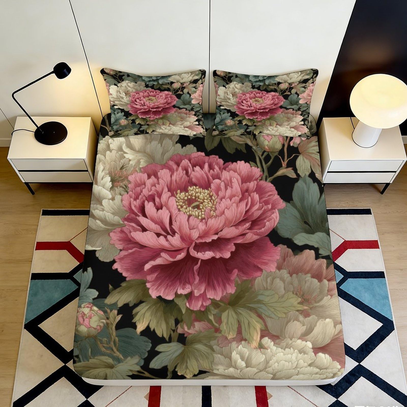 3D Printed Vintage Peony Fitted Sheet Microfiber Soft Breathable Floral Bed Cover for Bedroom Dormitory Guest Room Mattress Protection Decor 200x200x25cm