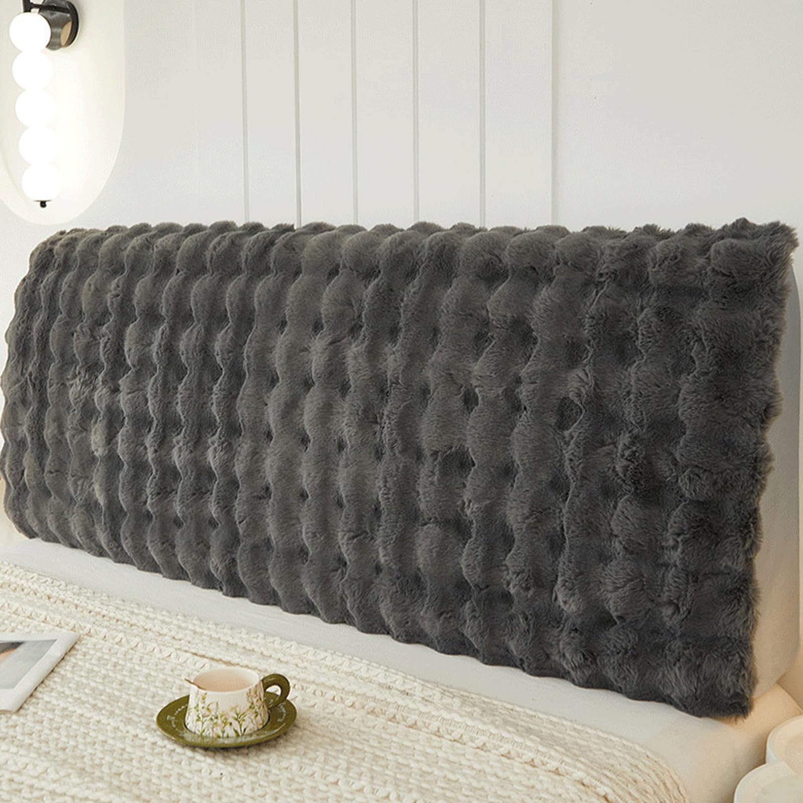Treer Elastic Bed Headboard Cover, Solid Colours Plush Headboard Slipcover Dustproof Protector Cover, Washable Backrest Slipcover for Bedroom Decor (Grey,200cm)