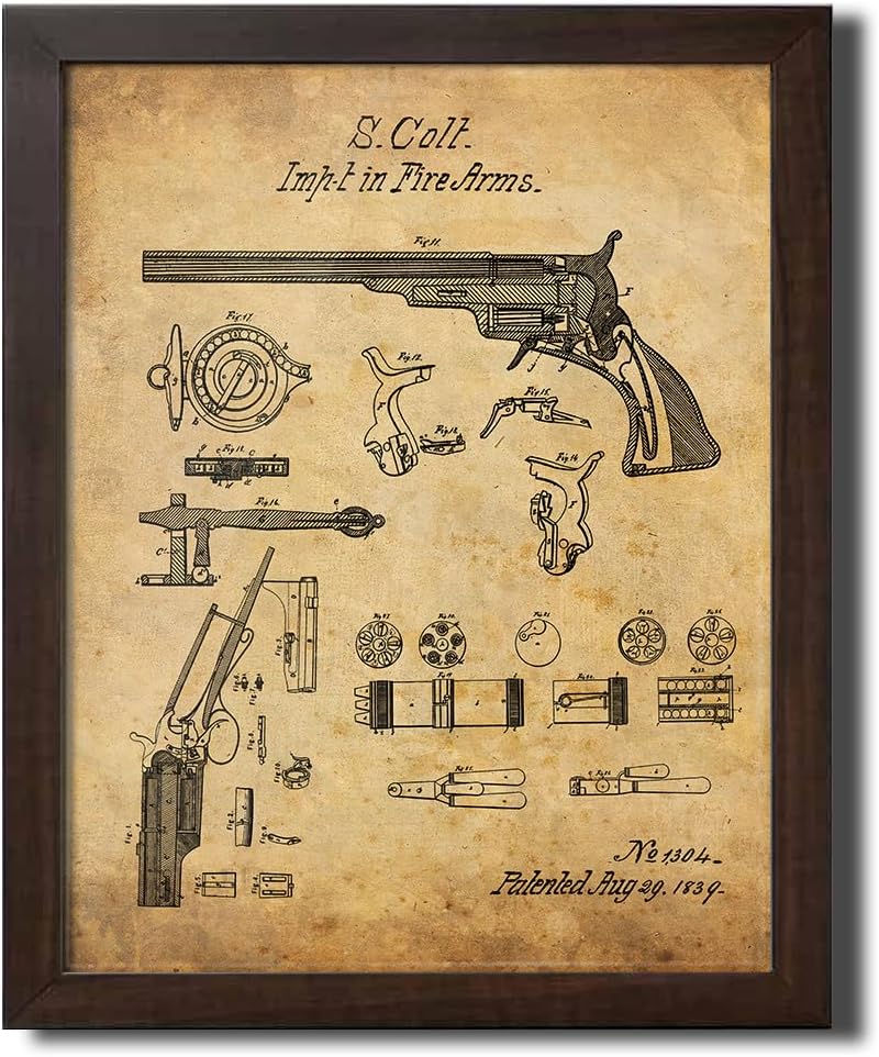 Personal-Prints Firearm Patent Art | Vintage Wall Art, Office, Bedroom Decor | 2nd Amendment & Choice of Unique Gun Art Gifts | USA Made (Colt Revolver, Parchment, 13"x16" Framed Paper)