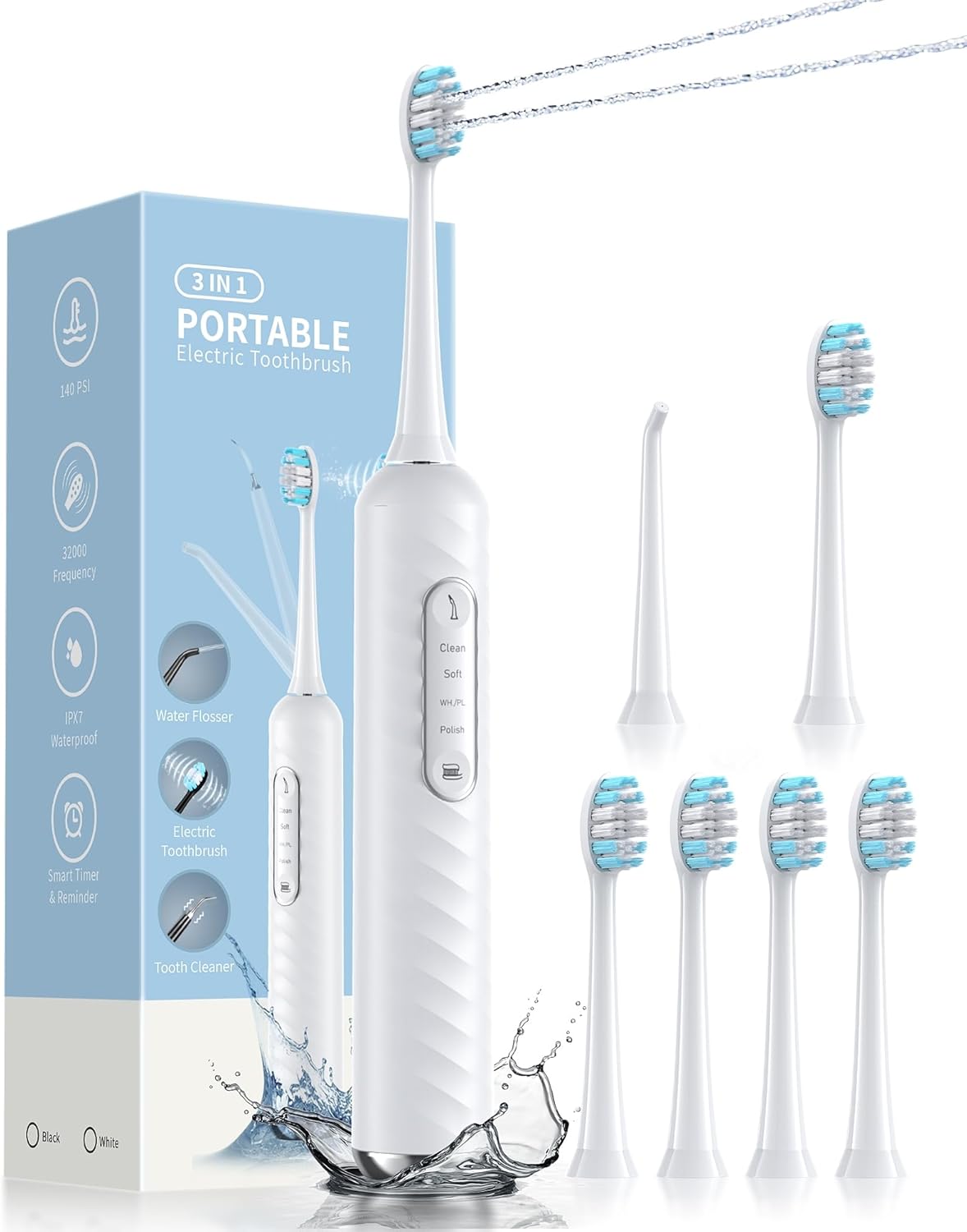Electric Toothbrush with Water Flosser - 2 in 1 Teeth Cleaning Kit, Electric Toothbrush and flosser Combo, Toothbrush with 3 Cleaning Modes, Portable Water flosser Design for Home & Travel (White)