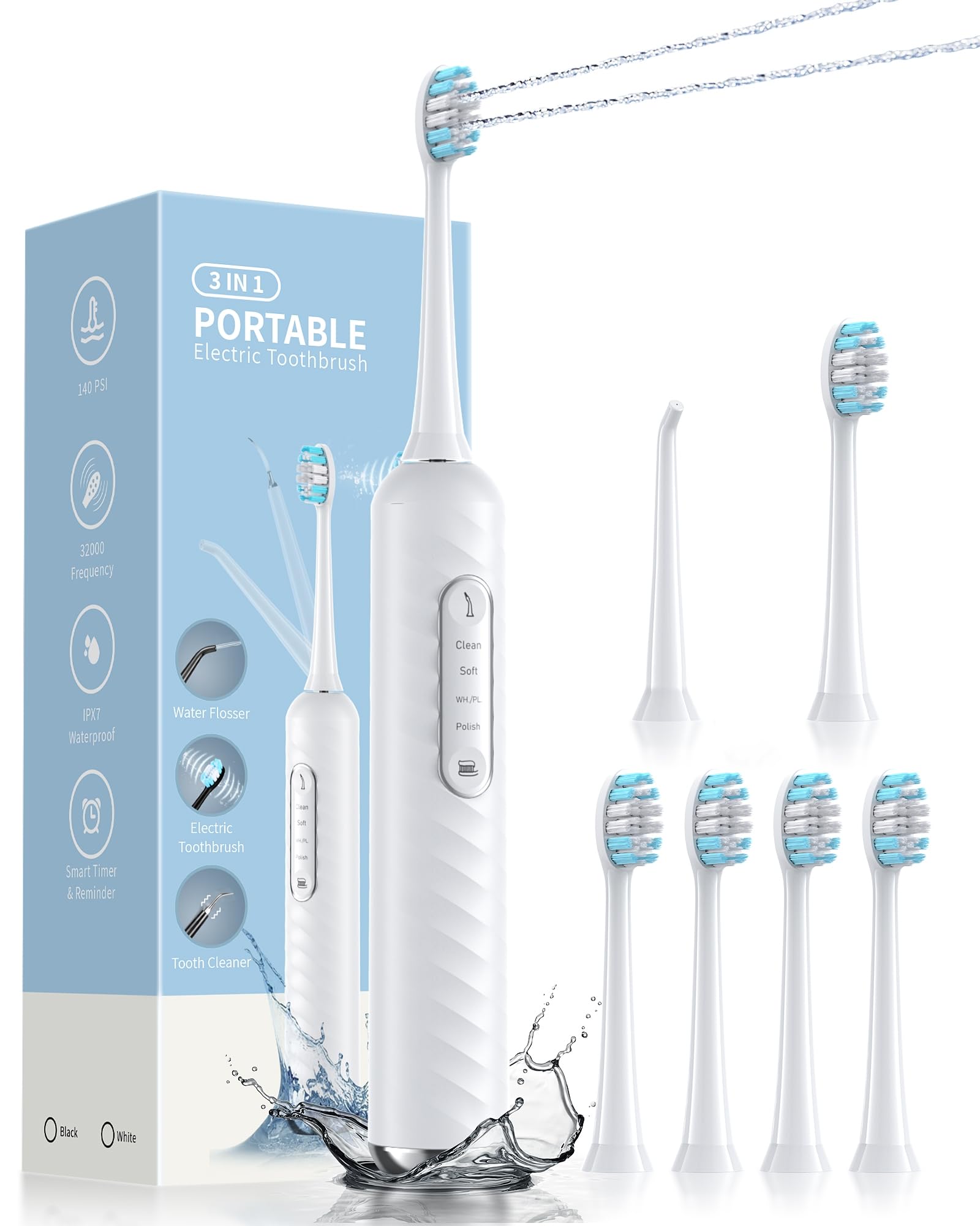 Spazzolino elettrico con idropulsore – Kit 2 in 1 per la pulizia dei denti, spazzolino elettrico e filo interdentale Combo con 3 modalità di pulizia, design portatile per la casa e i viaggi (bianco)