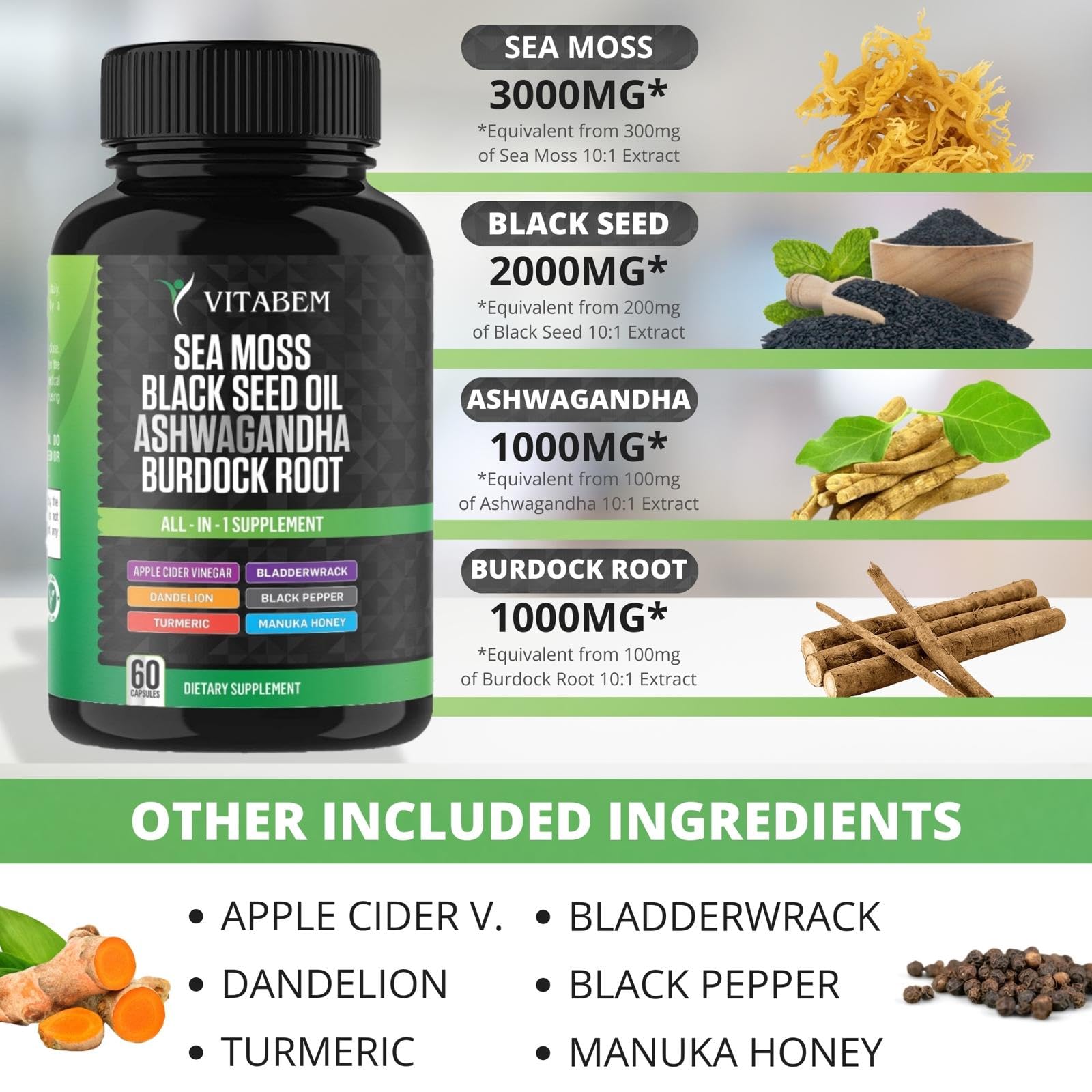 Sea Moss Black Seed Oil Ashwagandha Turmeric Bladderwrack Burdock Root | Advanced Sea Moss Capsules All in One Supplement with Seamoss Black Seed Oil Burdock Root Capsules - 60 Count — Amazon image 2