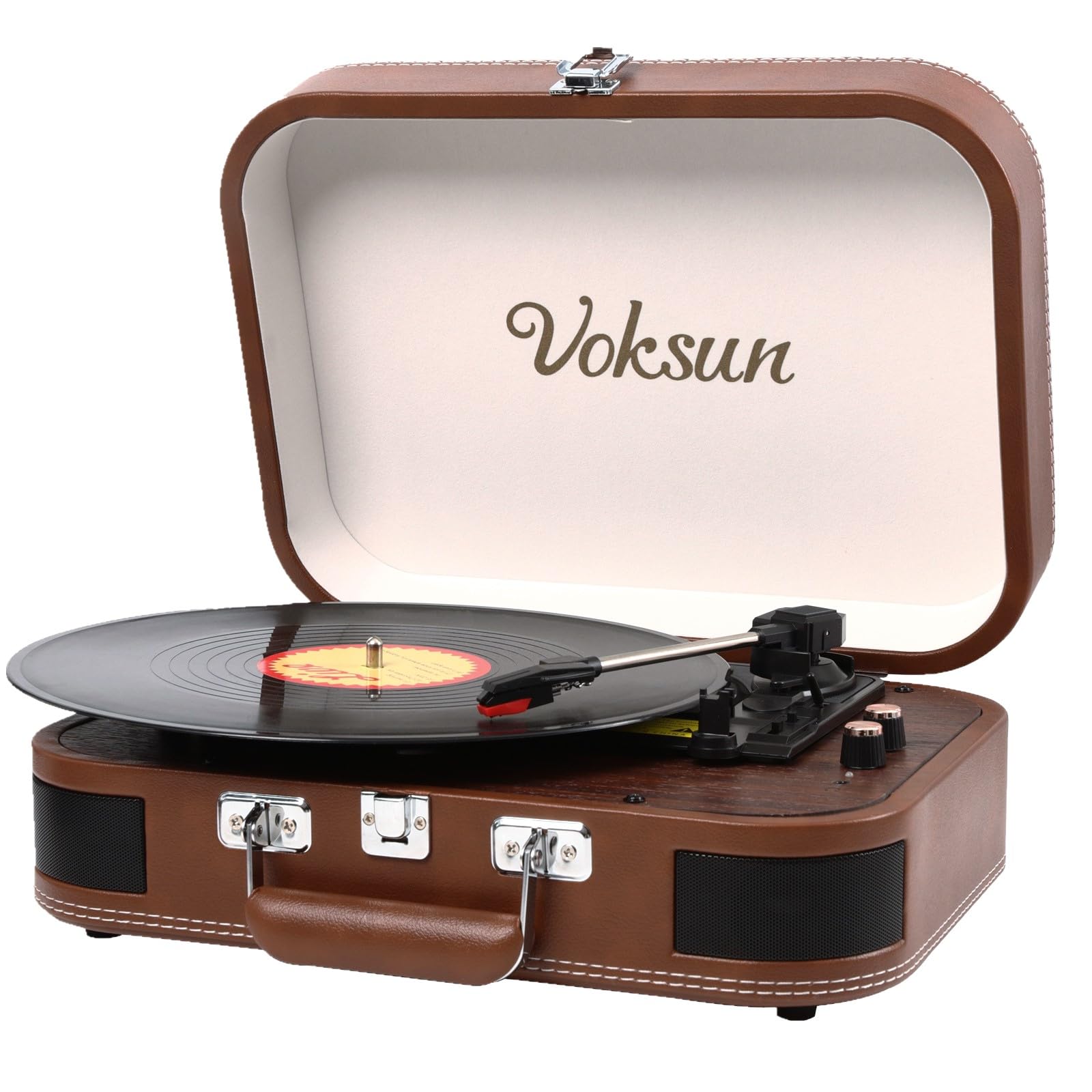 Record Player, VOKSUN Portable Bluetooth Vinyl Turntable with Built-in Stereo Speakers, 3-Speed Belt-Drive Suitcase LP Player, Supports Vinyl to MP3 Recording, AUX/USB/RCA/Headphone Jack