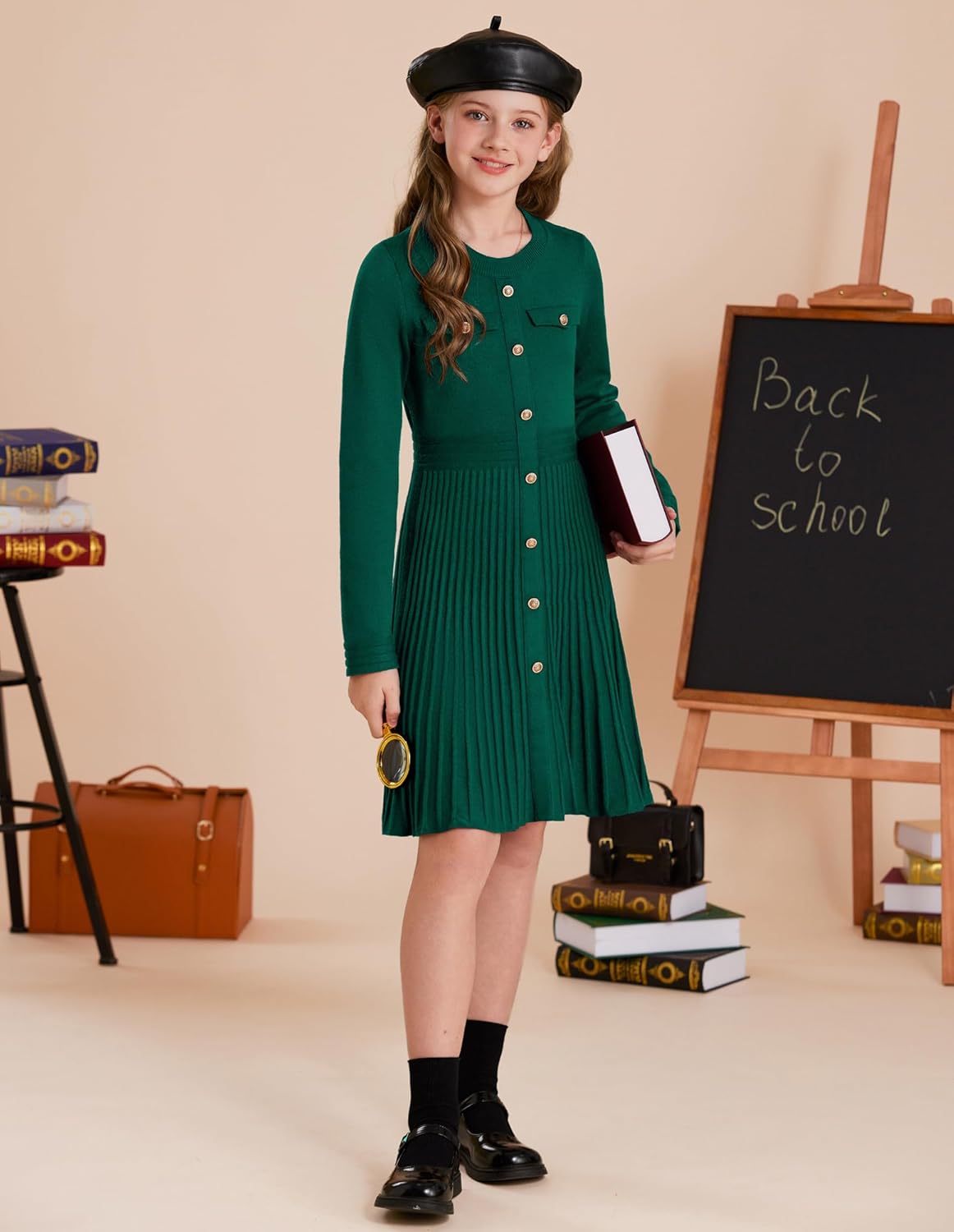 GRACE KARIN Girls Sweater Fall Dress Long Sleeve Knit Button Front Pleated A-Line Casual Winter Midi Dresses 5-14Y - Image 2
