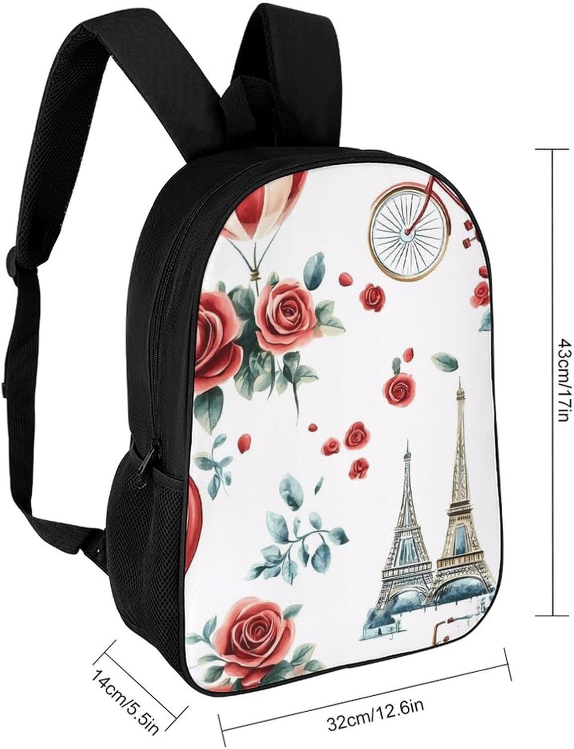 Eiffel Tower Paris Flowers Bicycle Laptop Backpack for Men Women 17 Inch Shoulder Bag Travel Daypack