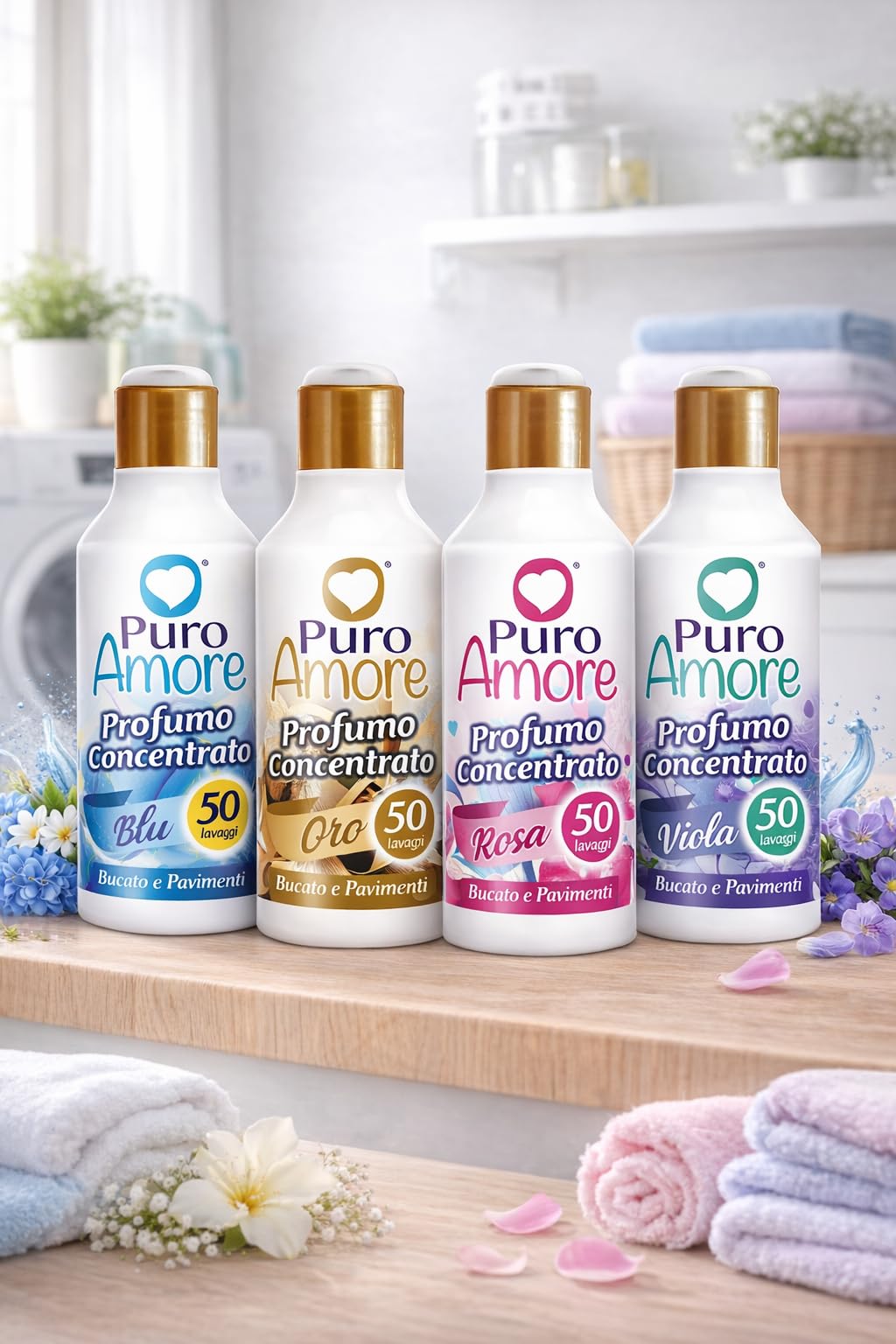 4x Puro Amore Profumo Concentrato per Bucato e Pavimenti – Fragranze Blu, Oro, Rosa e Viola – Essenza Intensa e Persistente, fino a 50 Lavaggi per Flacone