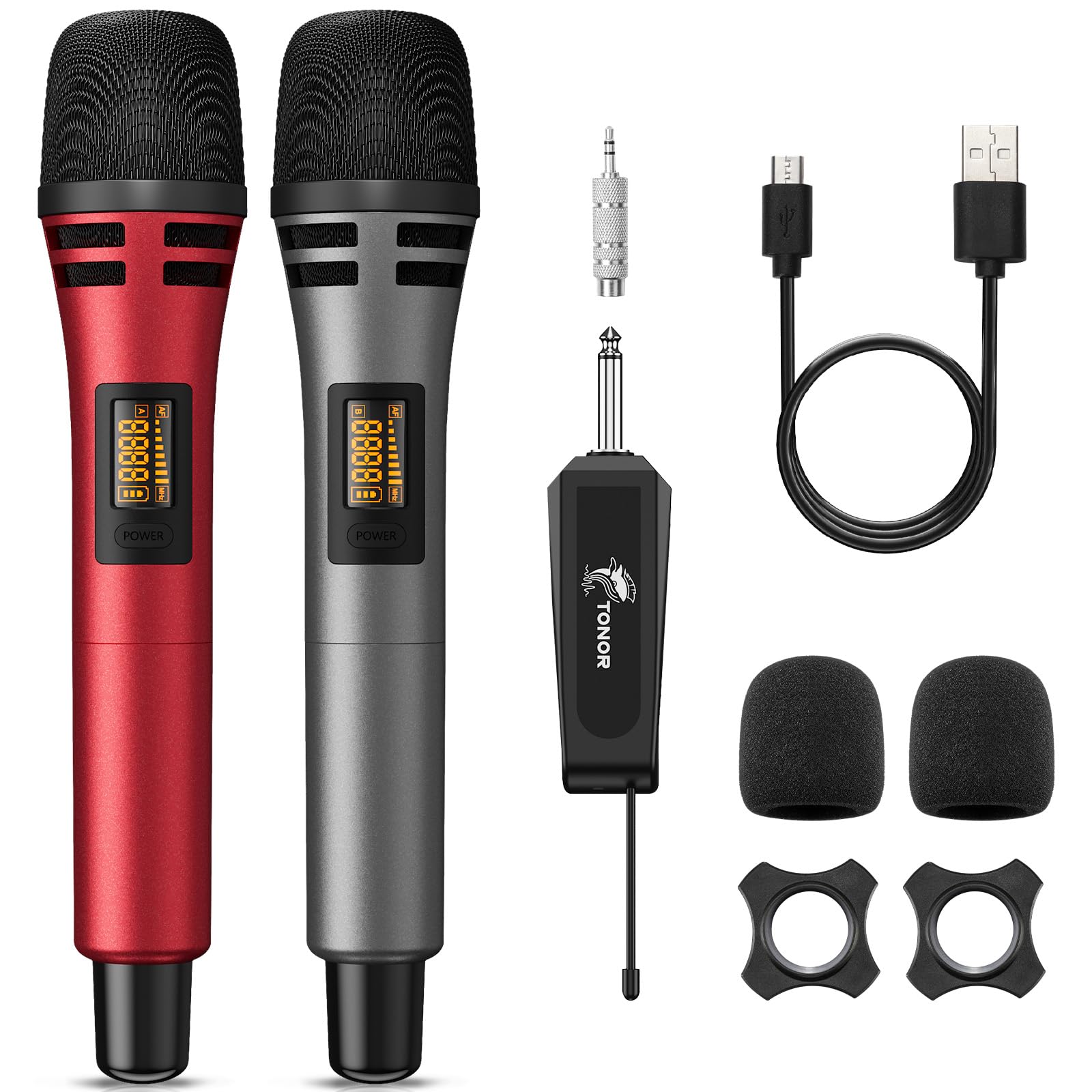 TONOR Micro Karaoke sans Fil, UHF Microphone Dynamique Chant Portable à Main avec Récepteur Rechargeable pour Karaoké Discours Mariage DJ Spectacles église Classe Conférences, 60M, Gris&Rouge, TW320
