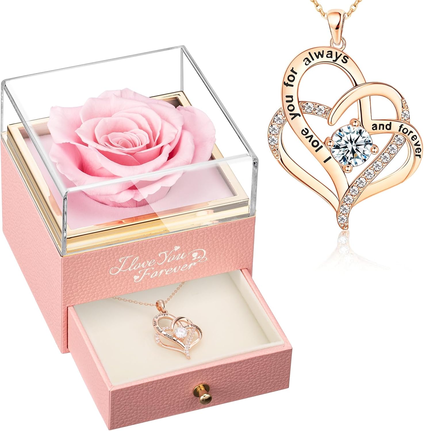 WILDLOVE Forever Real Rose with Heart Necklace, Preserved Flowers Gifts for Mom, Wife and Girlfriend on Christmas, Valentine's Day, Mother's Day, Birthday for Women Her - Pink