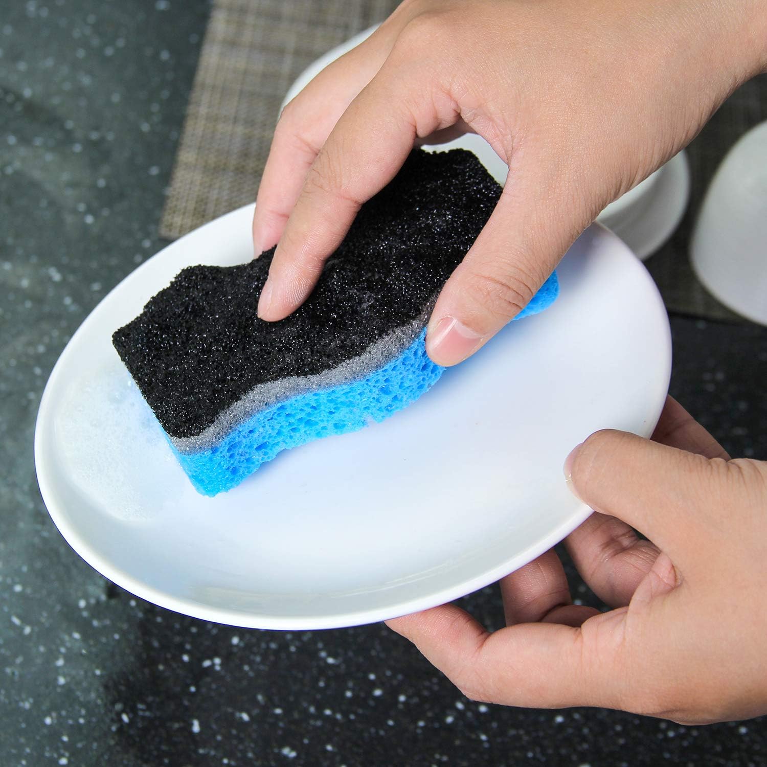 SSJL Multi-Use Sponges Kitchen with Adhesive Stainless Steel Holder - Natural Kitchen Sponges Dish Sponge Dual-Sided Cellulose Scrubber - Effortless Cleaning Eco Scrub Pads for Dishes (6 Pack)