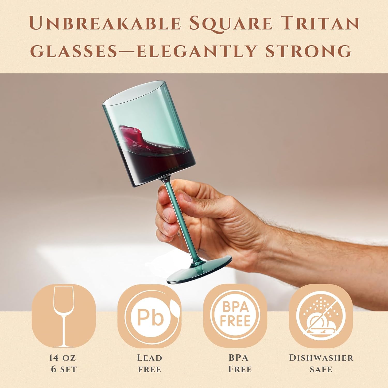 Unbreakable Stemmed Square Tritan Acrylic Floating Wine Glasses European Style | Set of 6 | 100% US Drinkware, 14oz Dishwasher Safe Muted Color Shatterproof BPA-free plastic, All Purpose Glassware - Image 3