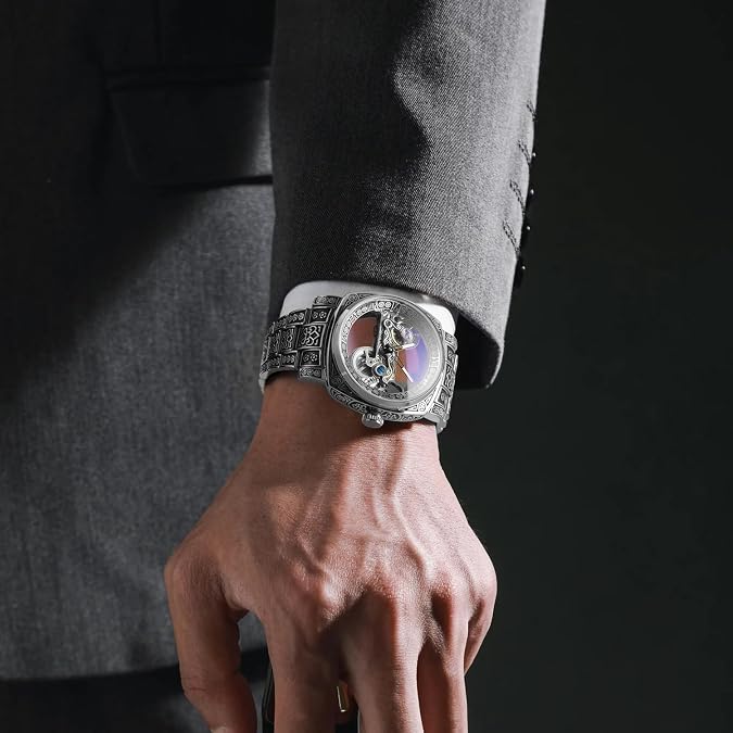 FORSINING Men's Skeleton Watch Roman Number Automatic Self Wind Tourbillon Wrist Watch with Stainless Steel Bracelet