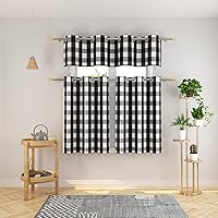 Vista 12 de Juego de 3 cortinas de cocina estilo campirano clásico con ventana de algodón y cenefa con ojales - Set de cenefa y volado a cuadros Buffalo en rosa