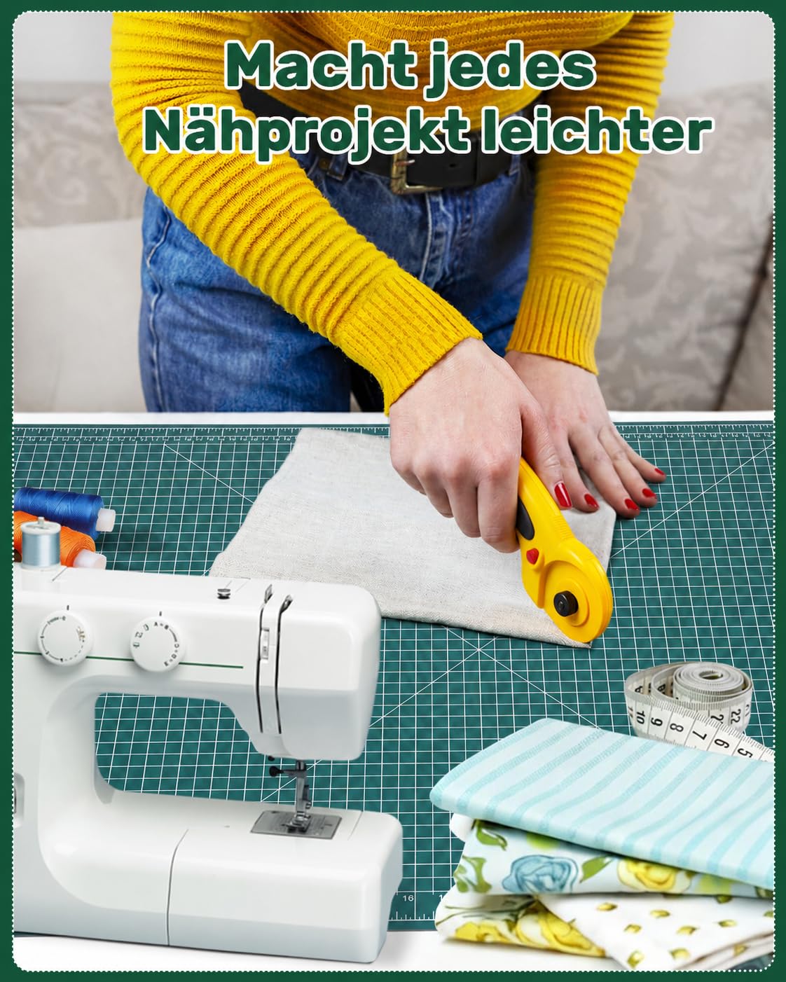Schneidematte A1 60 x 90 cm, doppelseitige Bastelmatte, Bastelunterlage schnittfest für Rollschneider zum Nähen, Quilten, Scrapbooking & Basteln, Grün, Self Healing Cutting Mat for Hobby