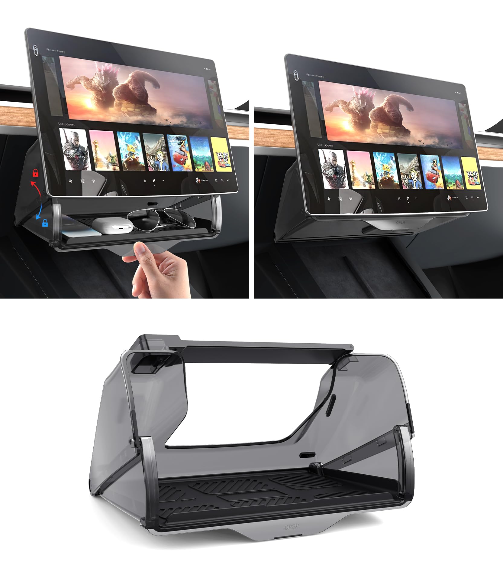 Scatola portaoggetti nascosta sotto lo schermo per Tesla, organizer per console centrale con cuscinetto in silicone antiscivolo nero Accessori per Tesla Model Y Model 3 2023 2022 2021 Vassoio