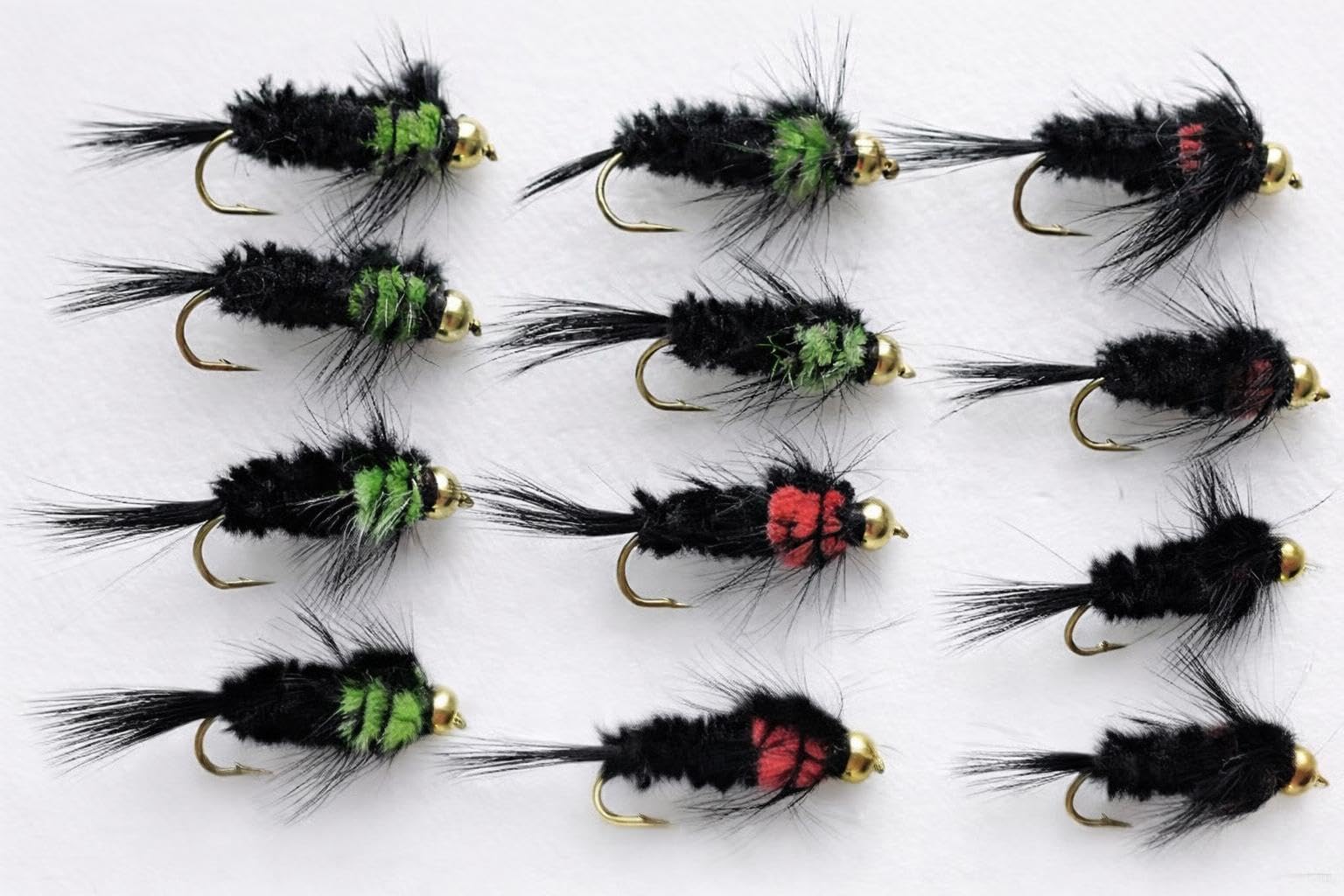 12 Pack Goldhead Montana Red/Green - Longshank, Choice of Sizes, fly fishing (12, 12)