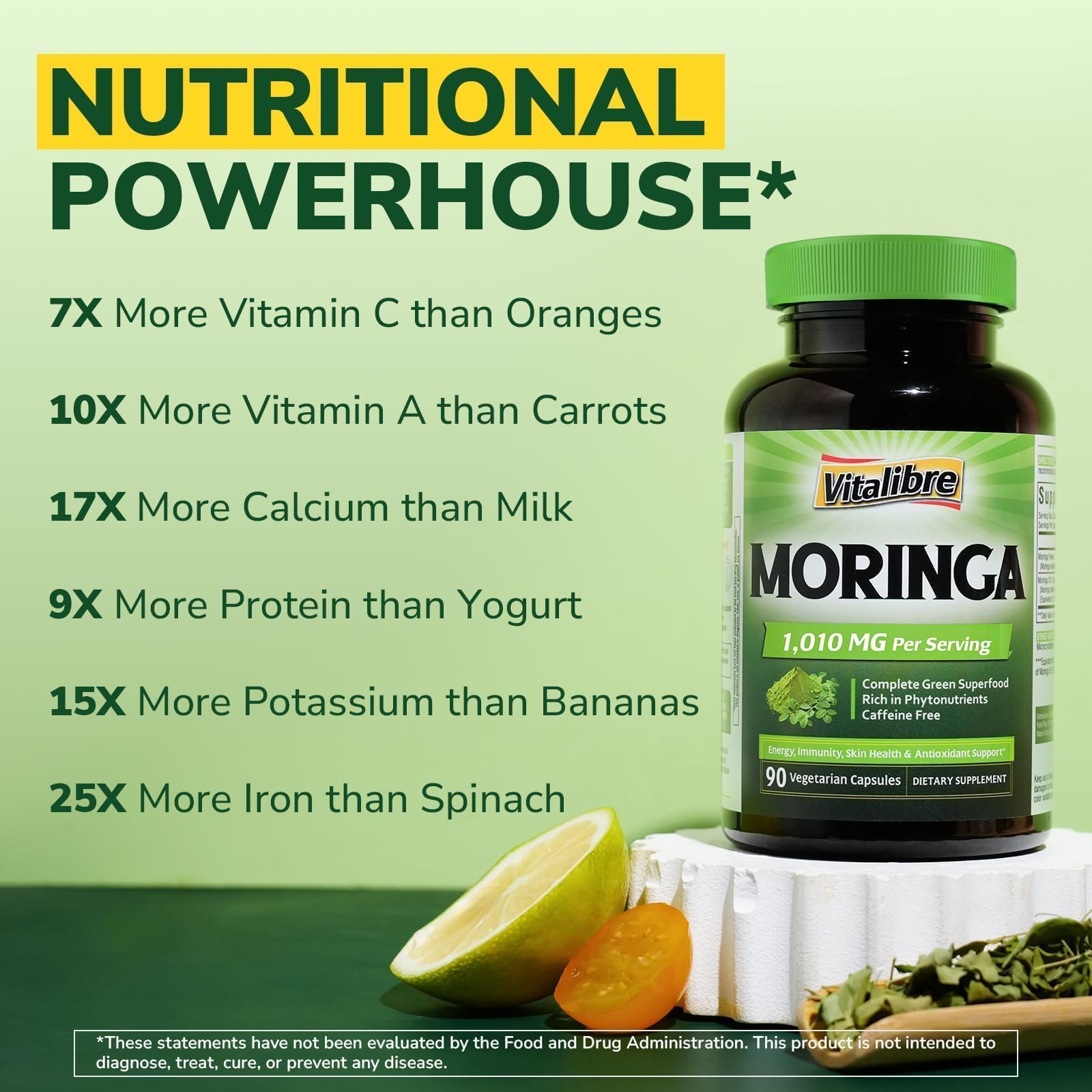 Moringa 1,010 mg, Maximum Potency, Complete Green Superfood, Rich in Antioxidants, No Gluten & Caffeine, Non-GMO, Energy, Immune, Gut & Skin Health, 90 Vegan Capsules — Amazon image 4