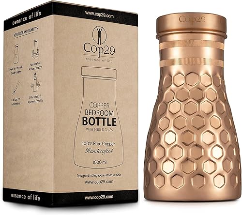 Cop29 Dolny Matt Honeycomb - Botella de agua para dormitorio de cobre hecho a mano I jarras con tapa I jarra de agua de noche (para uso en