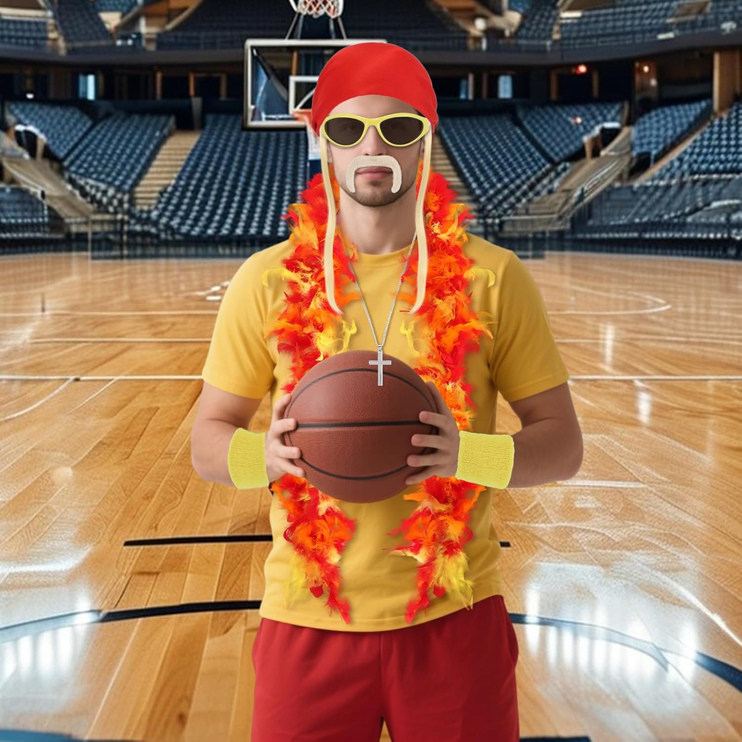 7 PCS Halloween Wrestler Hogan Costume Kit Includes Wig, Yellow Red Feather Boa, Fake Mustache, Red Bandana & Bracers for Women Men Halloween Cosplay Party Dress Up, Wresting Themed Role Play - Image 6