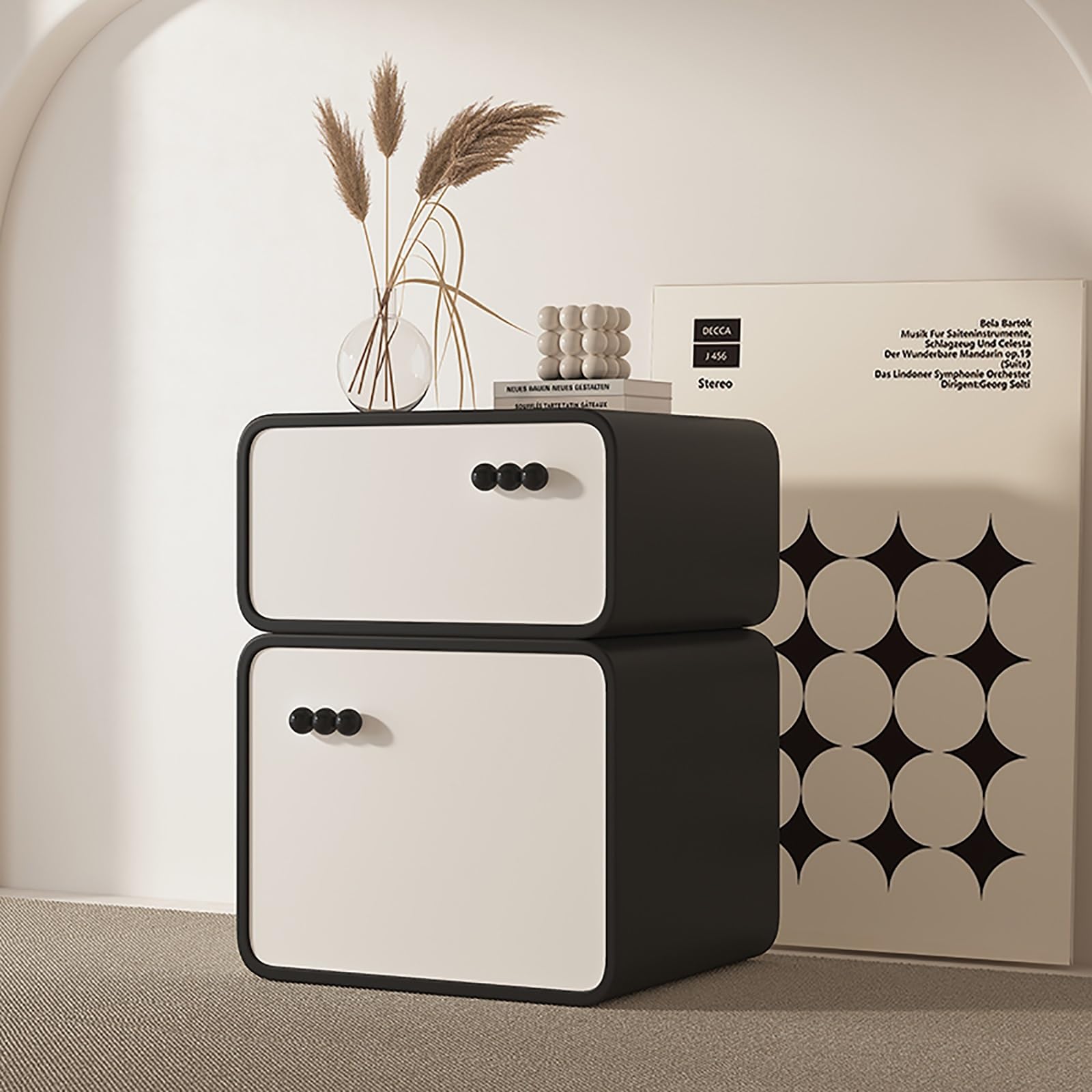 SXZenSpace Modern Solid Wood Nightstand with 2 Storage Compartments, Stylish Contrast Color Design, Small Night Table for Bedroom, Contemporary Side Table, Home Furniture