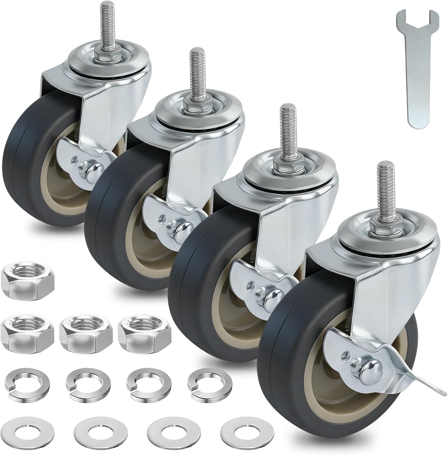 AAGUT 3 Inch TPR Heavy Duty Casters 3/8"-16 x 1 Threaded Stem Castors, Locking Swivel Replacement for Furniture, Workbench, 4 Pack