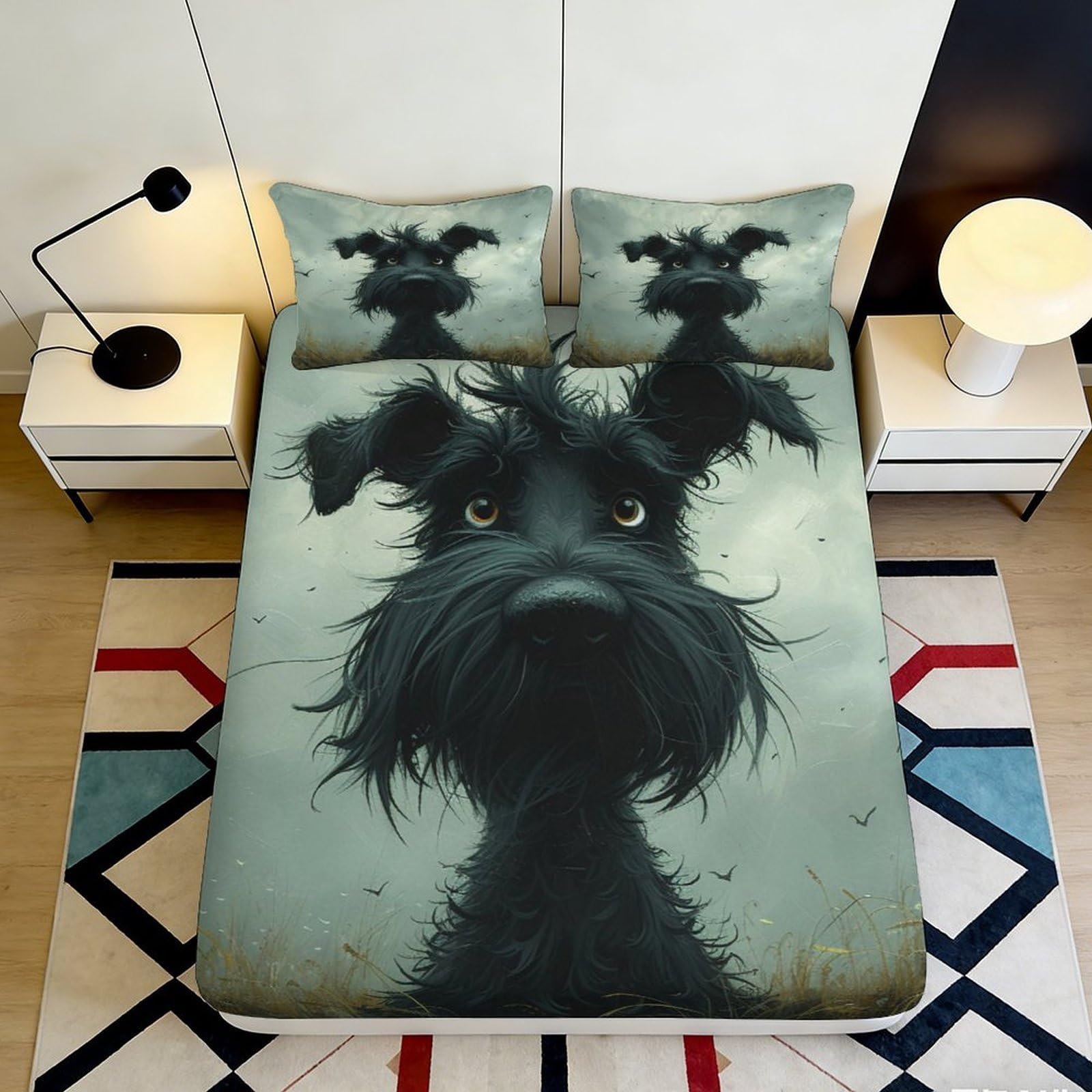 Pnayamiorkfel Style-4 3D Printed Black Schnauzer Dog Fitted Sheet Microfiber Soft Breathable Cartoon Bed Cover For Bedroom Guest Room Decor 90X200x25cm
