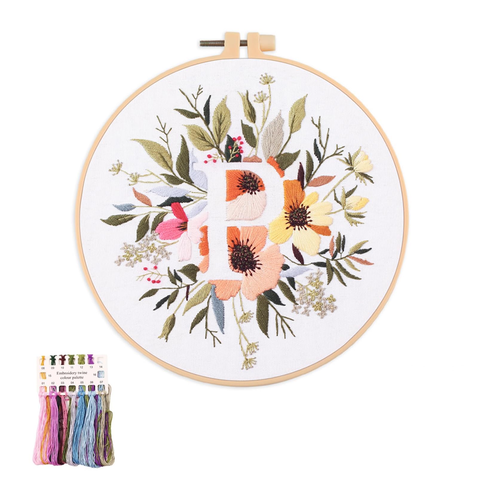 artcici Embroidery Kits Plant Flower Leaf English Letter Patterns for Beginners Adults, Full Range Embroidery Starter Kits Cross Stitch Needlework Supplies (Letter P)