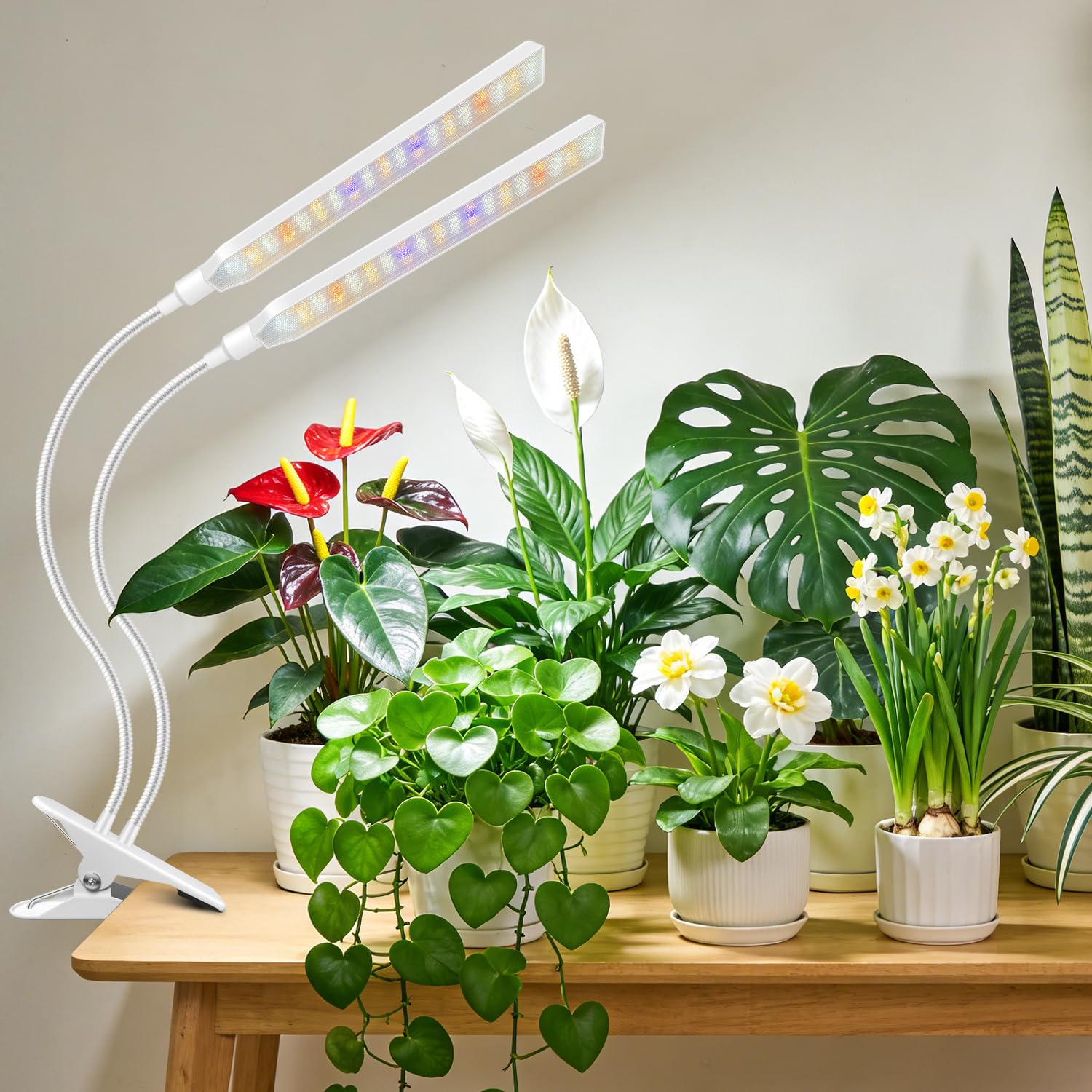 Kullinss Lampe de croissance blanche à 2 têtes à clipser pour plantes d'intérieur avec minuterie de 6/12/16 h, 3 modes de couleur, 5 niveaux à intensité variable, 114 LED à spectre complet pour