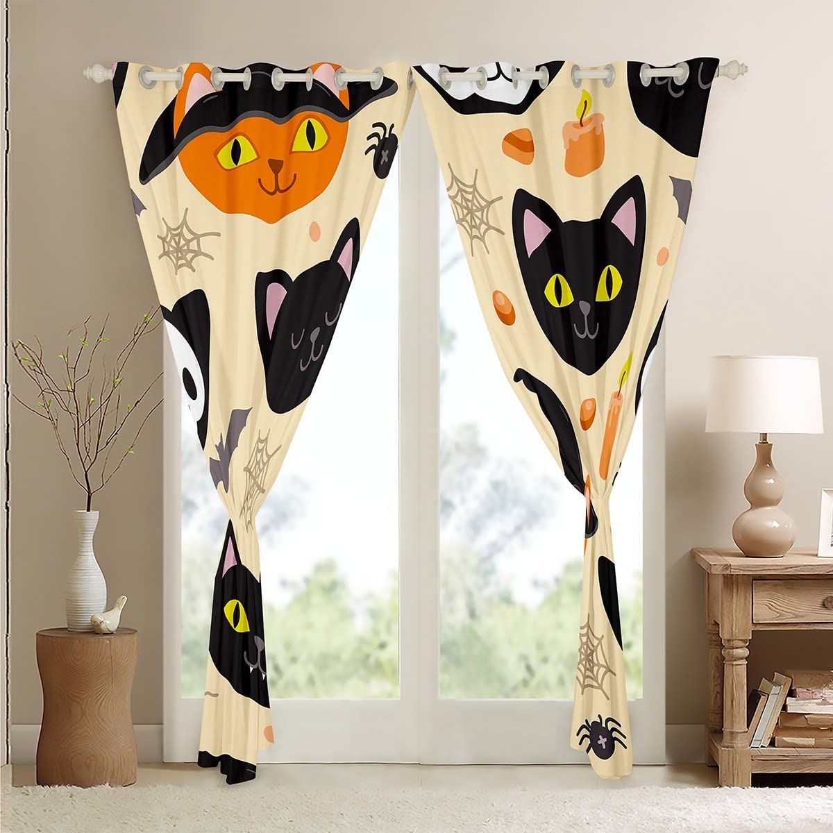 Zasłony na Halloween do sypialni salonu urocza dynia czarne koty zaciemnienie sosy Halloween motyw kołdra pokrowiec zestaw cukierek lub psikus pająk dekoracje okienne szer. 46 x dł. 54