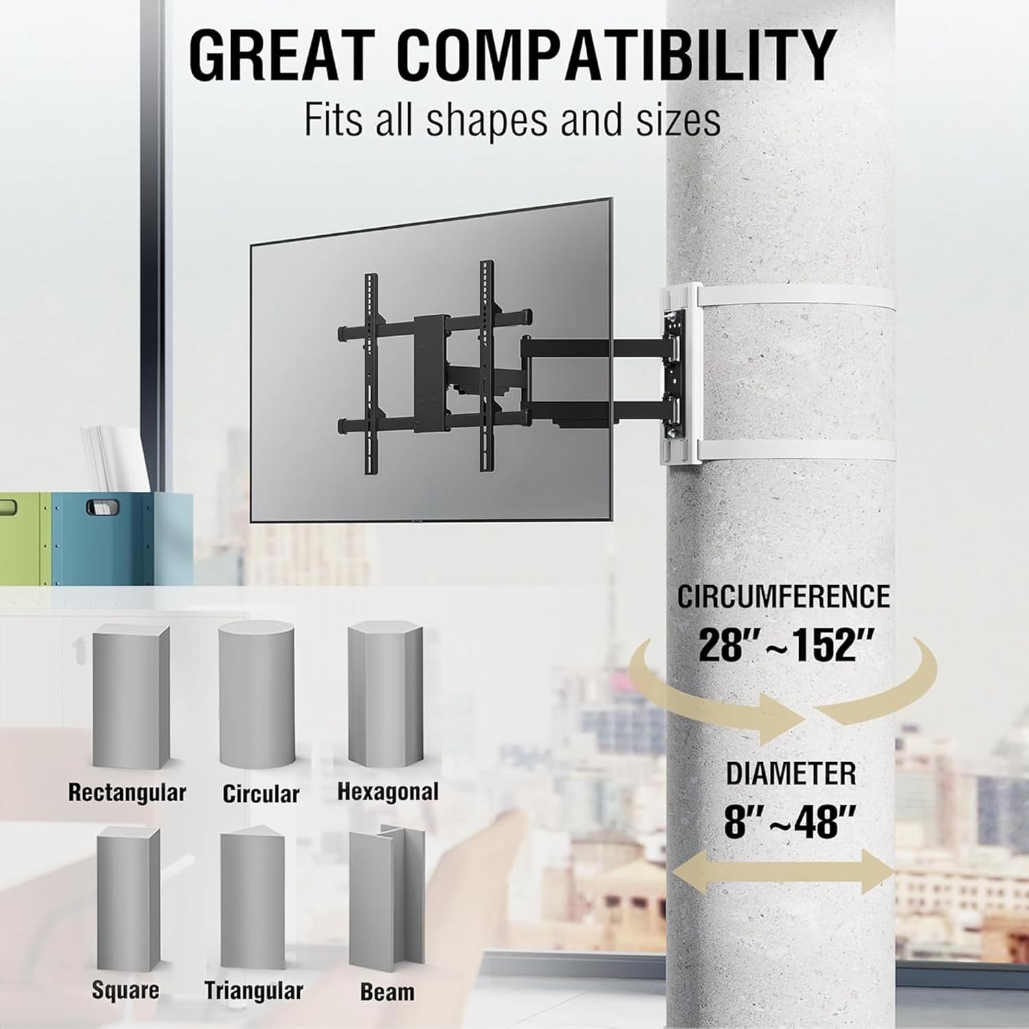 CondoMounts CLMTVA1064 Full-Motion Pillar Mount – Strap-on, No Drilling Required, Fits 37"- 80" TV, 110lbs Capacity
