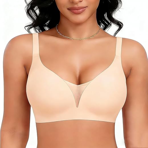 Sutiã feminino sem costura confortável com decote em V sem fio - sutiã push-up sem fio para mulheres, cobertura total, sem costura