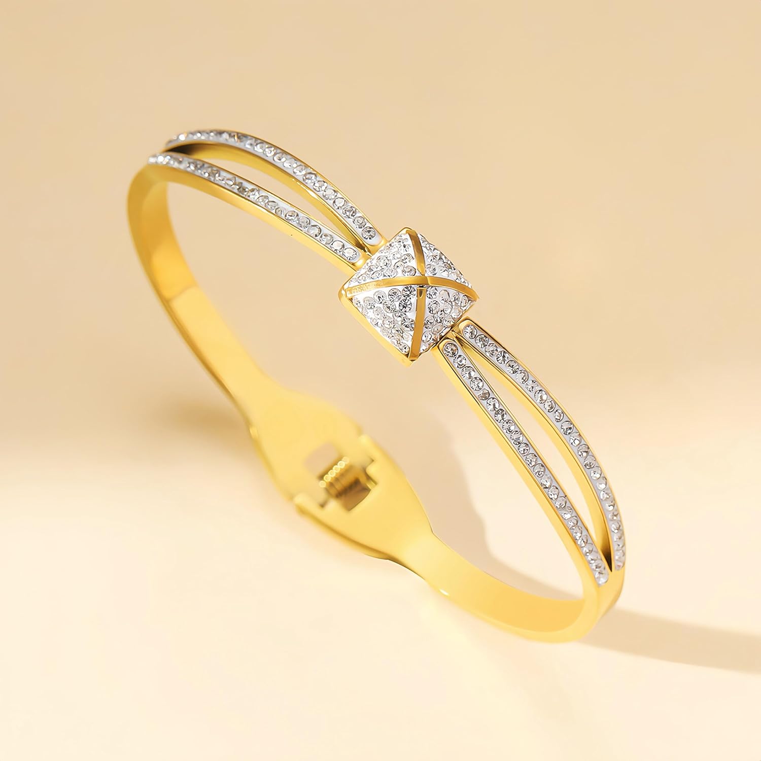 Gold Bracelet for Women, 18K Gold Stainless Steel Cuff Bangle Bracelets Gifts for Women Teen Cubic Zirconia Bracelet - Image 3