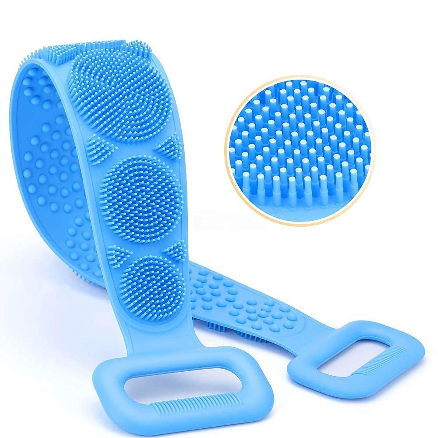 HELSTA Silicone Body Brush Back Belt Scrubber Double Side Bathing Brush for Skin Deep Cleaning Massage, Dead Skin Removal Exfoliating Belt for Shower, Easy to Clean (Random Colors)