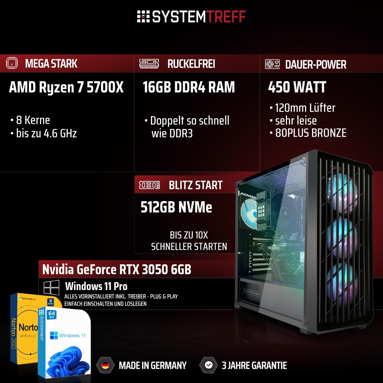 SYSTEMTREFF Gaming PC AMD Ryzen 7 5700X 8x4.6GHz | Nvidia RTX 3050 6GB DX12 | 512GB M.2 NVMe | 16GB DDR4 RAM | Windows 11 | WLAN Desktop Computer Rechner für Gamer, Zocker & Streamer