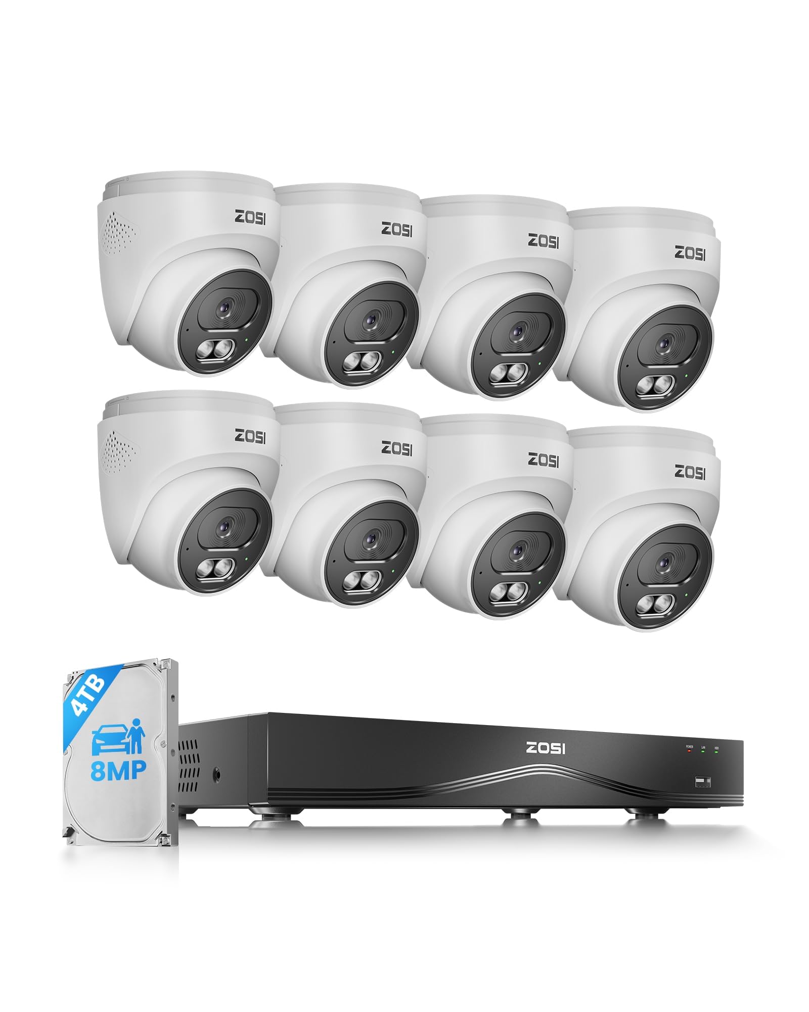 ZOSI 4K PoE Überwachungskamera Set Aussen, 8X 8MP Kameras mit 2-Wege-Audio | 4TB HDD NVR erweiterbar auf 32CH, Personen-/Autoerkennung, 30M IR Nachtsicht, C220