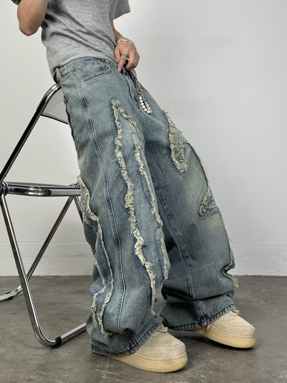 Men's Baggy Jeans Patchwork Embroidery Jeans Fringe Frayed Edges Wide Leg Denim Pants - Image 4
