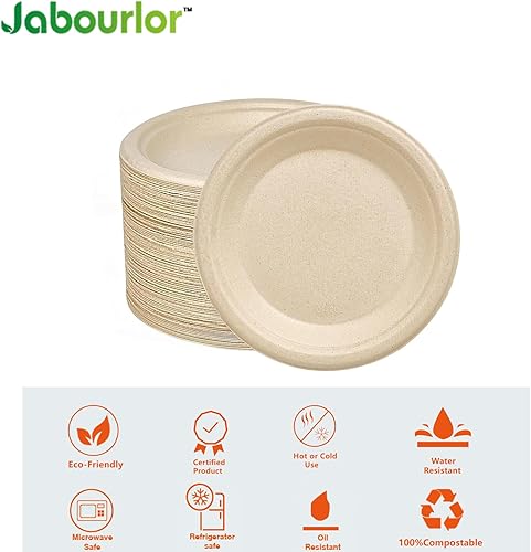 Miniatura 3 de JABOURLOR Platos 100% compostables de bagazo desechable natural, cubiertos ecológicos y biodegradables (platos de 10 pulgadas, 125paquete)