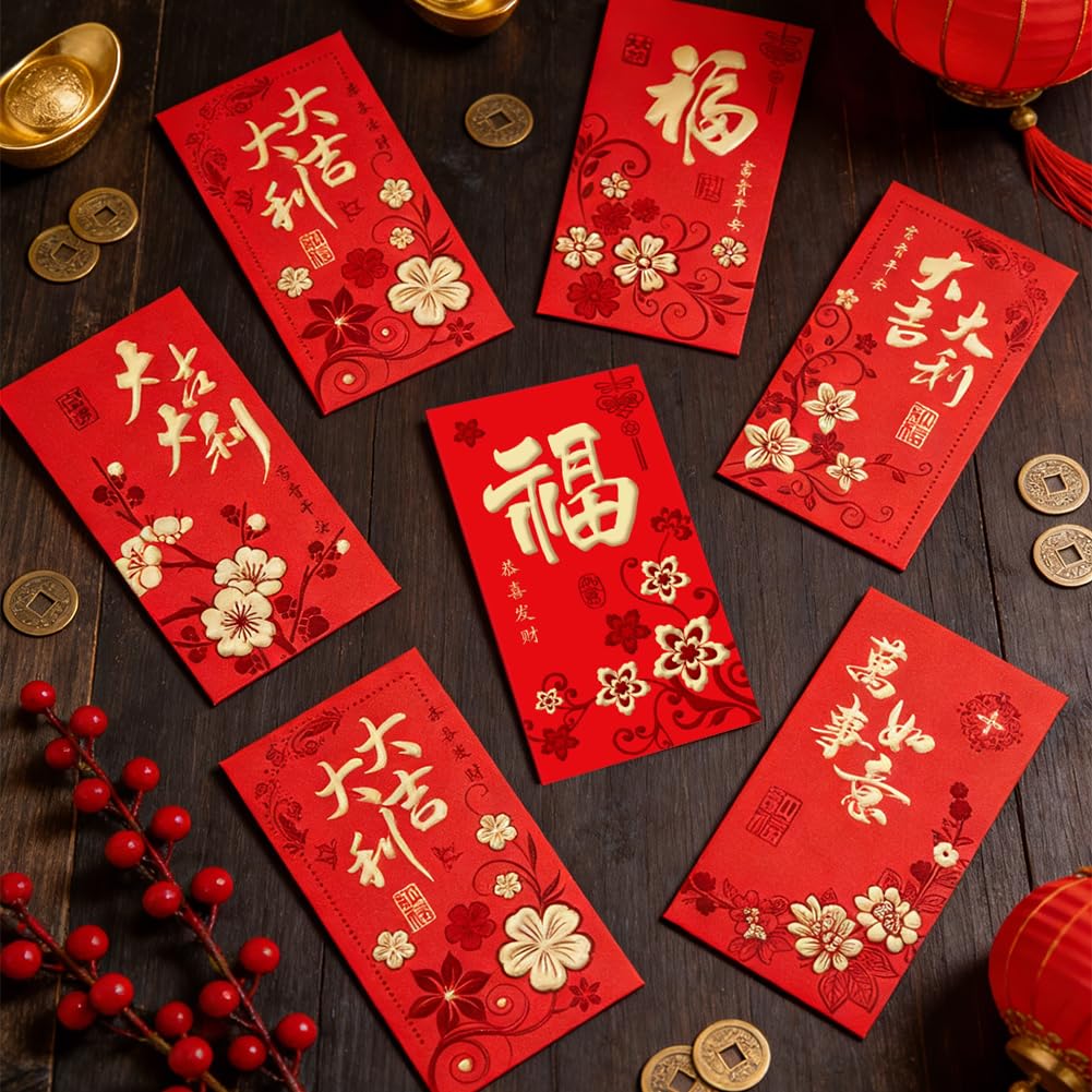 36 Pezzi Rosse per Capodanno Cinese 2026 Portafortuna con Motivo Hong Bao Rilievo