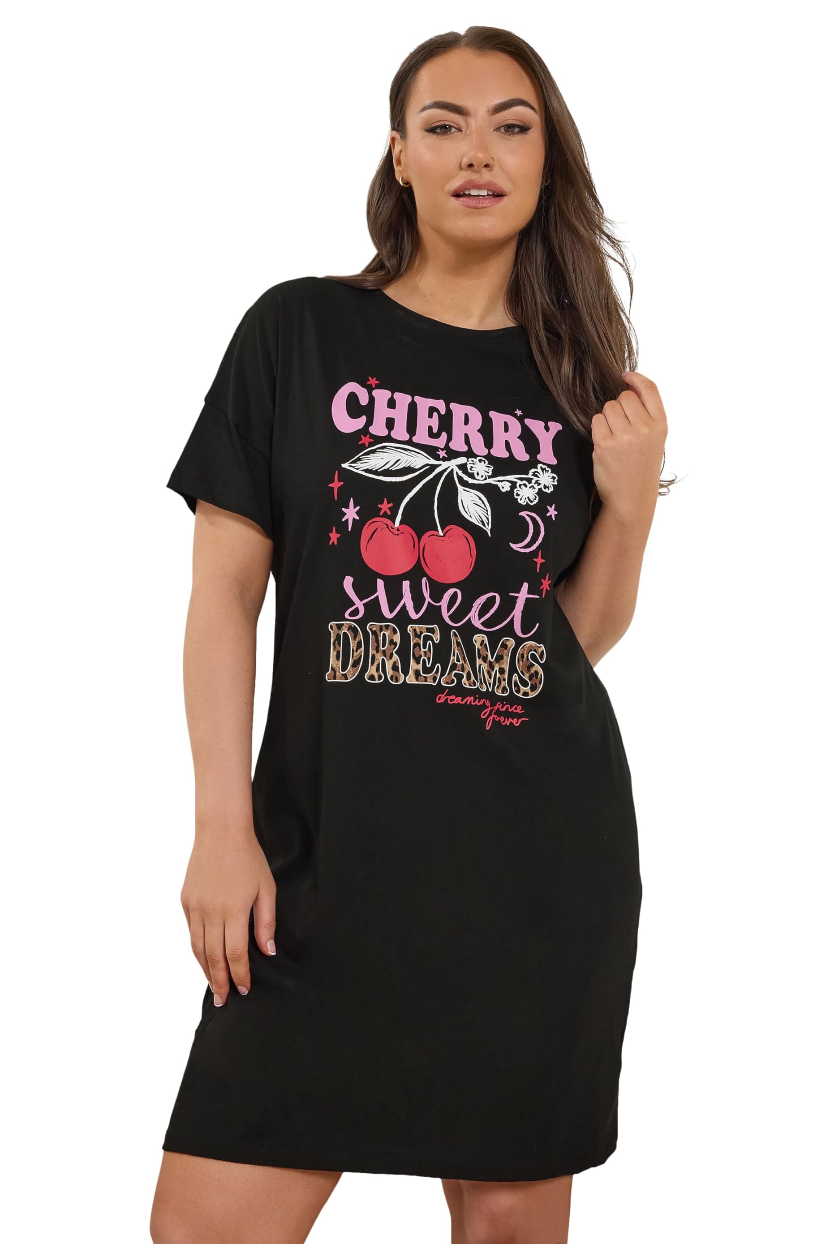 Yours Women's Cherry & Leopard Print Sleep T-Shirt Nightdress in Black | Size: 38-40