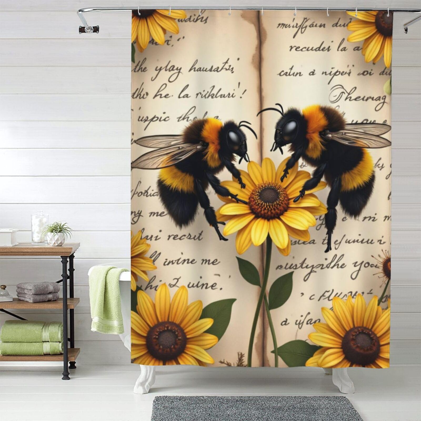 Rideau de douche anti-éclaboussures en tissu épais lavable motif abeilles et fleurs
